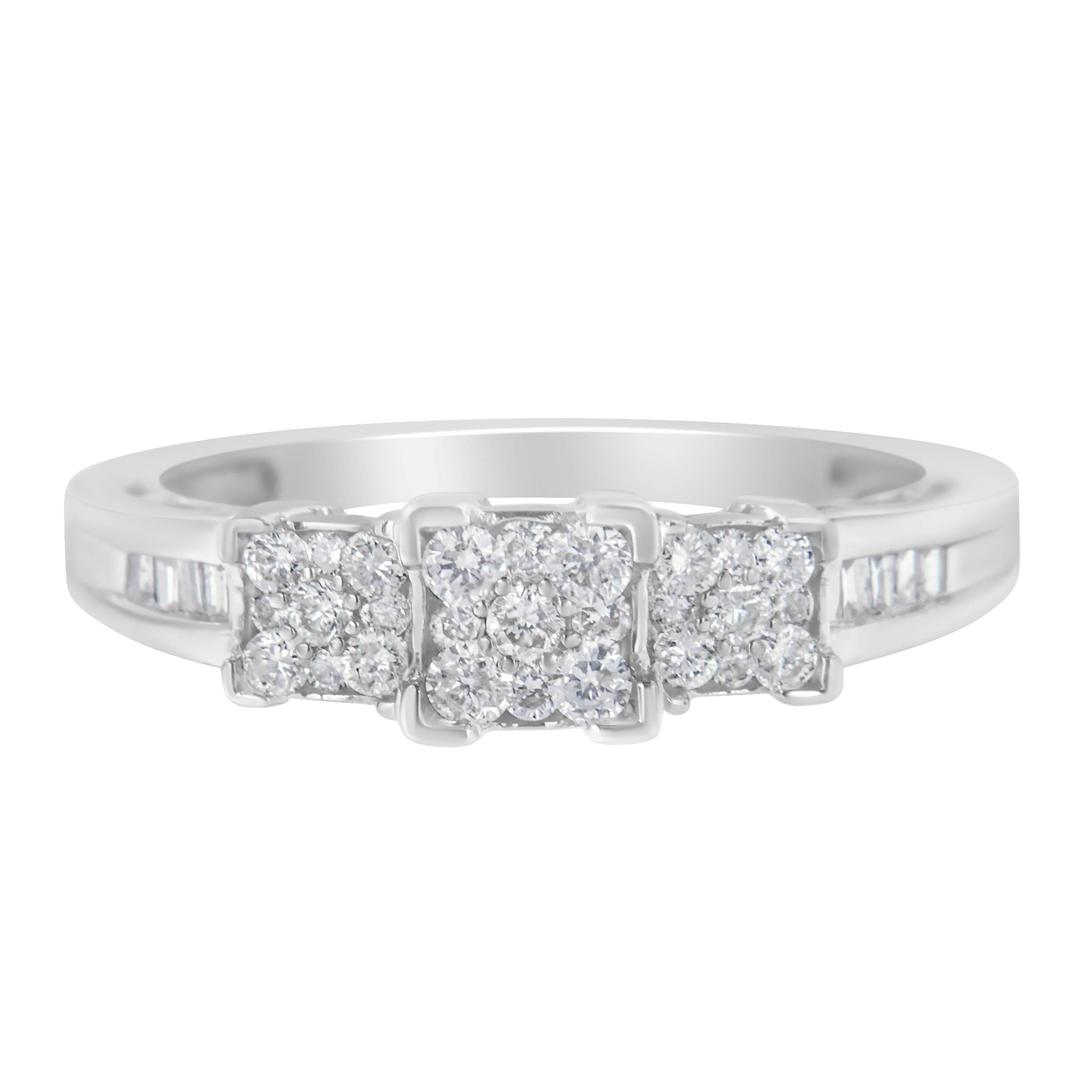 10K White Gold 1/2 Cttw Diamond Engagement Ring - 3 Stone Design with Brilliant & Baguette Cut Diamonds, 3 Clusters & Channel Set Band (H-I Color, SI2-I1 Clarity) - Perfect for Proposals, Weddings & Anniversary Gifts