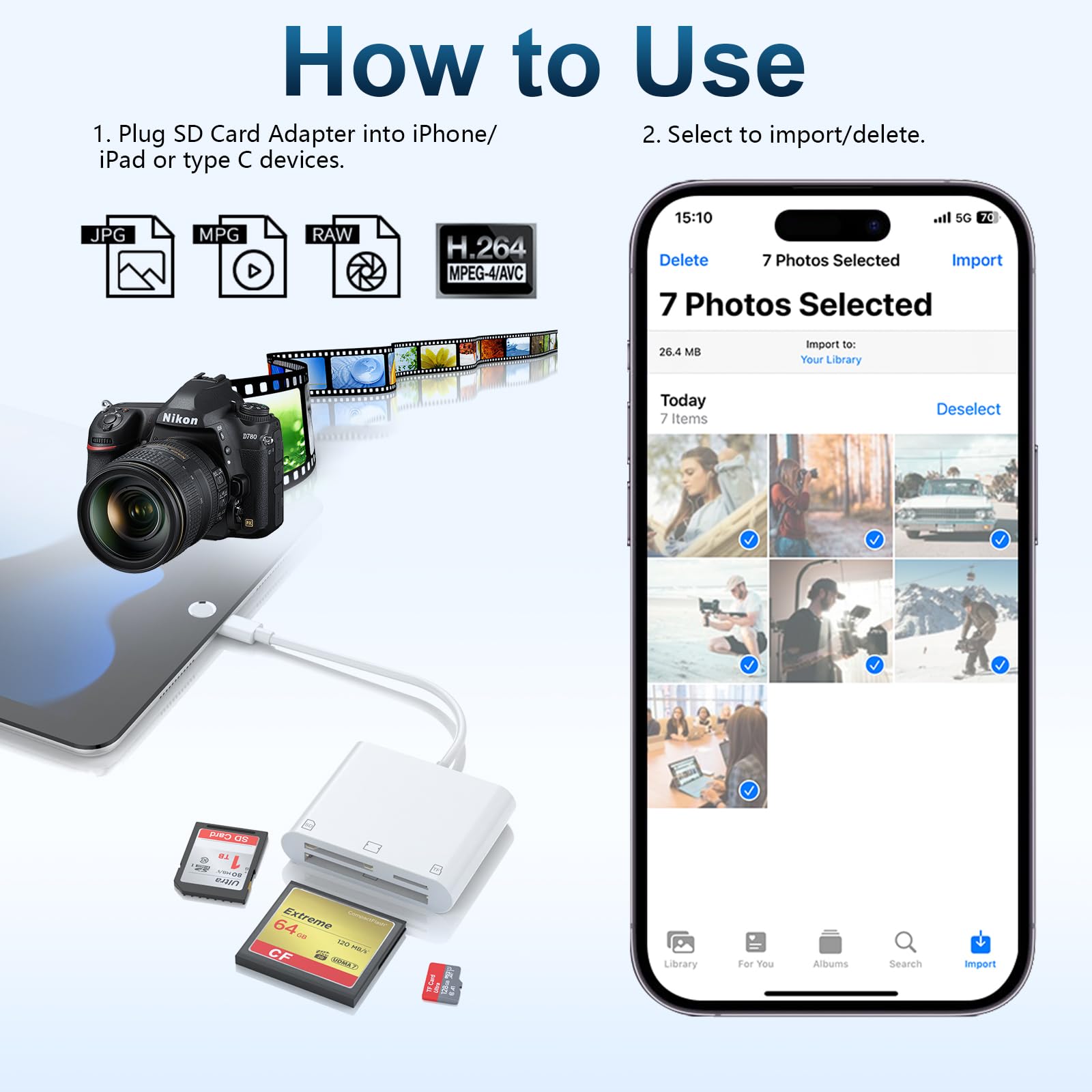 3 in 1 USB SD Card Reader for iPhone & iPad - OTG Memory Card Adapter Compatible with MicroSDXC, MicroSDHC, TF, SDXC, SDHC, SD, MMC, CF Cards - Plug & Play for Trail Cameras, DSLR, Dash Cams & Mobile Devices