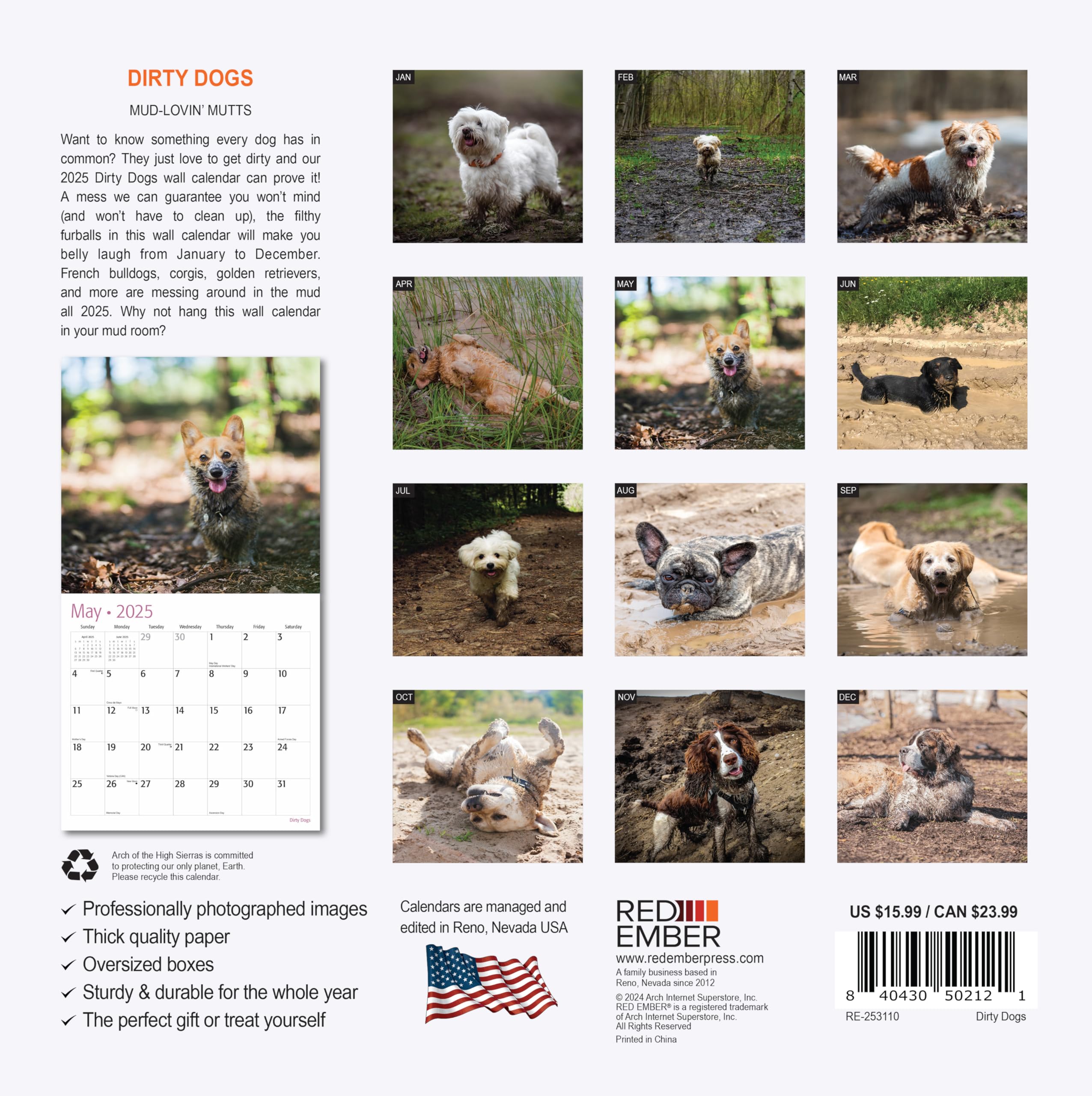 RED EMBER Dirty Dogs 2025 Wall Calendar - 12 Month Funny Dog Lovers Calendar (12