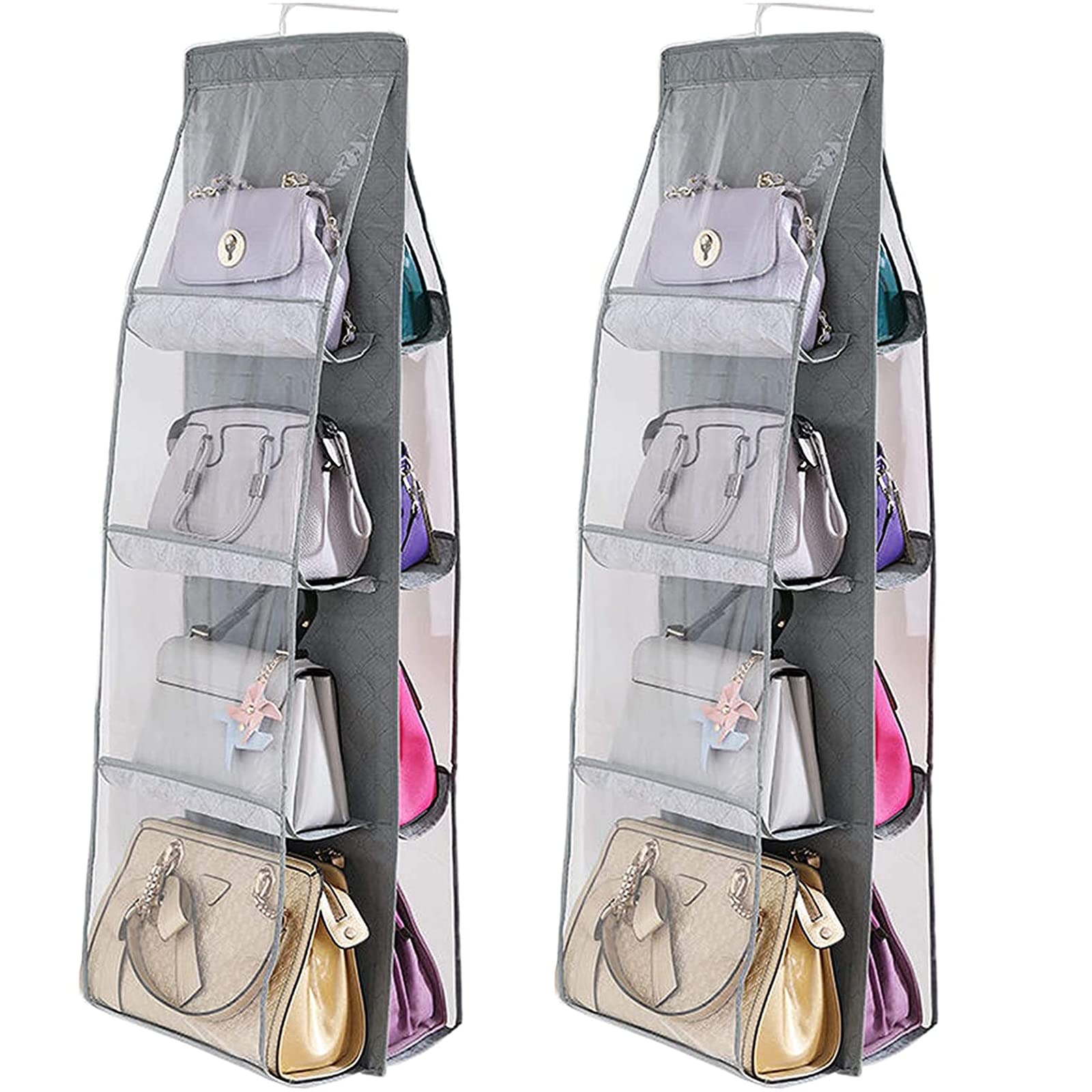 2-Pack Purse Organizer for Closet with 8 Large Pockets & Metal Hooks - Handbag Storage Hanger for Closet Organization - Perfect for Purses, Totes, and Designer Bag Collection Display