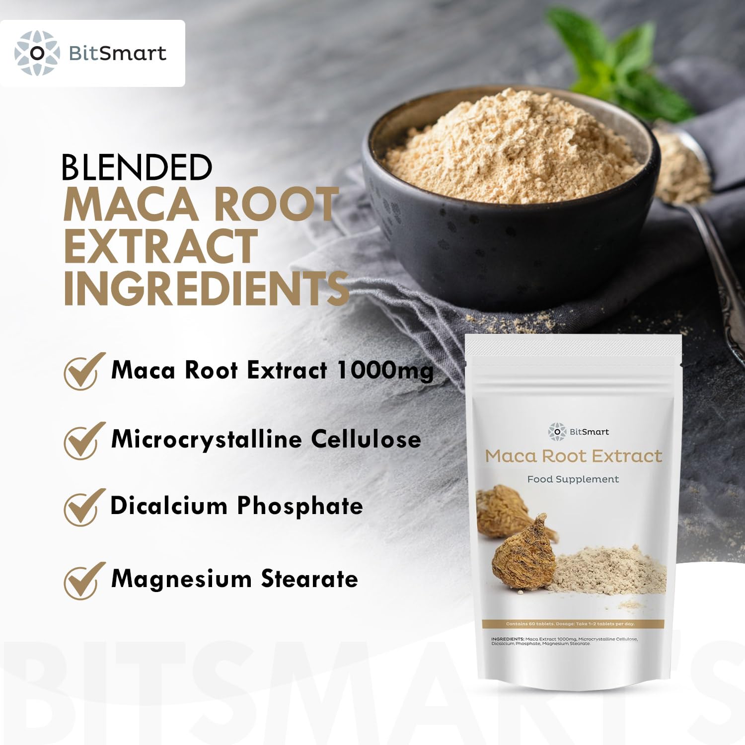 BITSMART 1000mg Maca Root Extract Superfood Tablets - 60 Count - Natural Energy Booster for Men & Women - Supports Hormone Balance, Antioxidant Benefits - Vegan Friendly Supplement - Great for Workout, Stress Relief & Daily Wellness