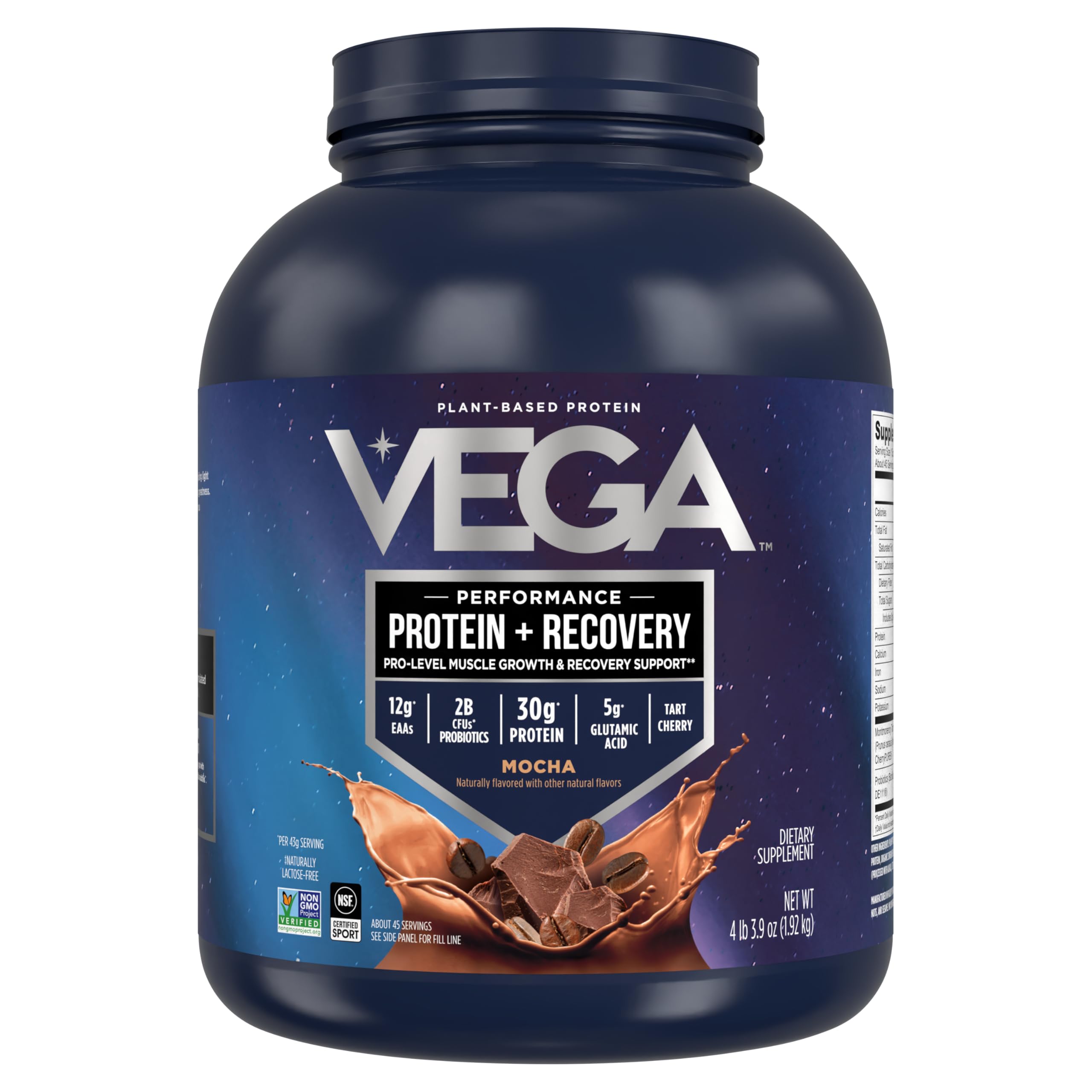 Vega Premium Sport Protein Mocha Protein Powder - Vegan, Non-GMO, Gluten-Free Plant-Based Protein Drink Mix, NSF Certified for Sport (4lb 3oz) - Ideal for Post-Workout Recovery & Muscle Building