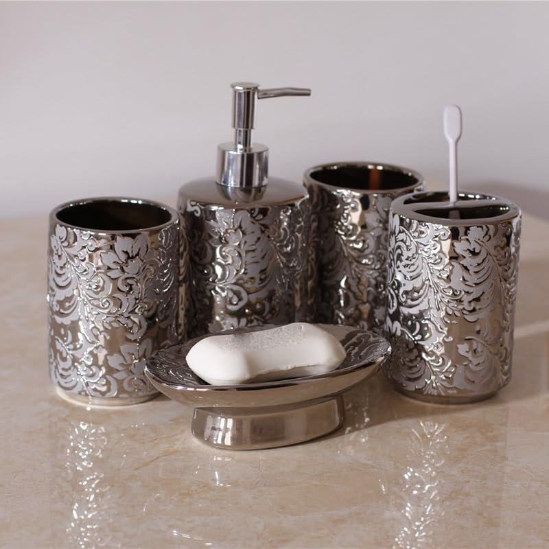 Premium Ceramic Bathroom Set - Soap Dispenser, Toothbrush Holder, Gargle Cup & Soap Dish - Elegant Toiletry Organizer for Modern Bathrooms | Perfect Housewarming Gift & Spa Decor