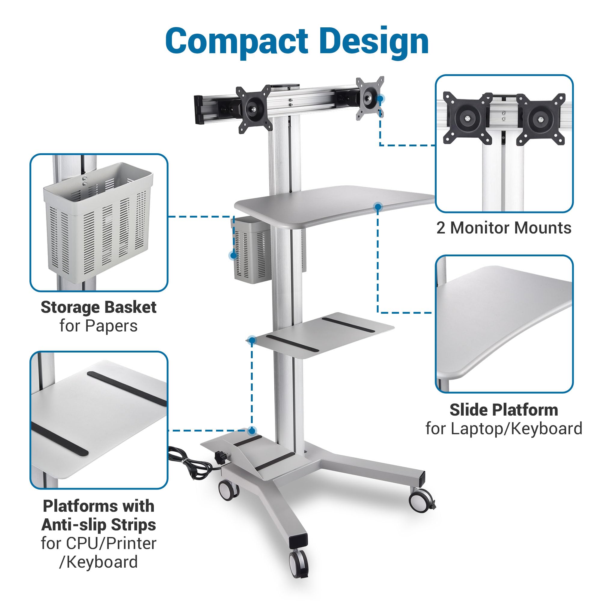 AW Mobile Computer Workstation Cart - Adjustable Dual Monitor Mount, Keyboard Tray & CPU Holder with Wheels | Portable Rolling PC Desk for Office, Home & Gaming Setup | Silver Standing Workstation Cart