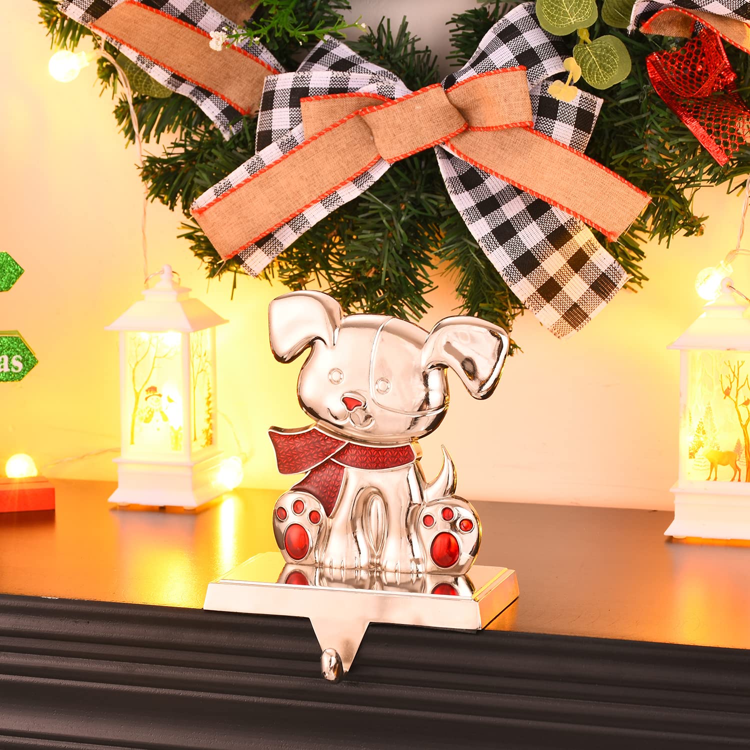 Silver Christmas Dog Stocking Holders for Fireplace Mantel - Decorative Dog Stocking Hangers with Clips for Holiday Decor, Garland & Stockings - Perfect Pet Lover Gift for Xmas Tree & Home Decor (New Dog Design)