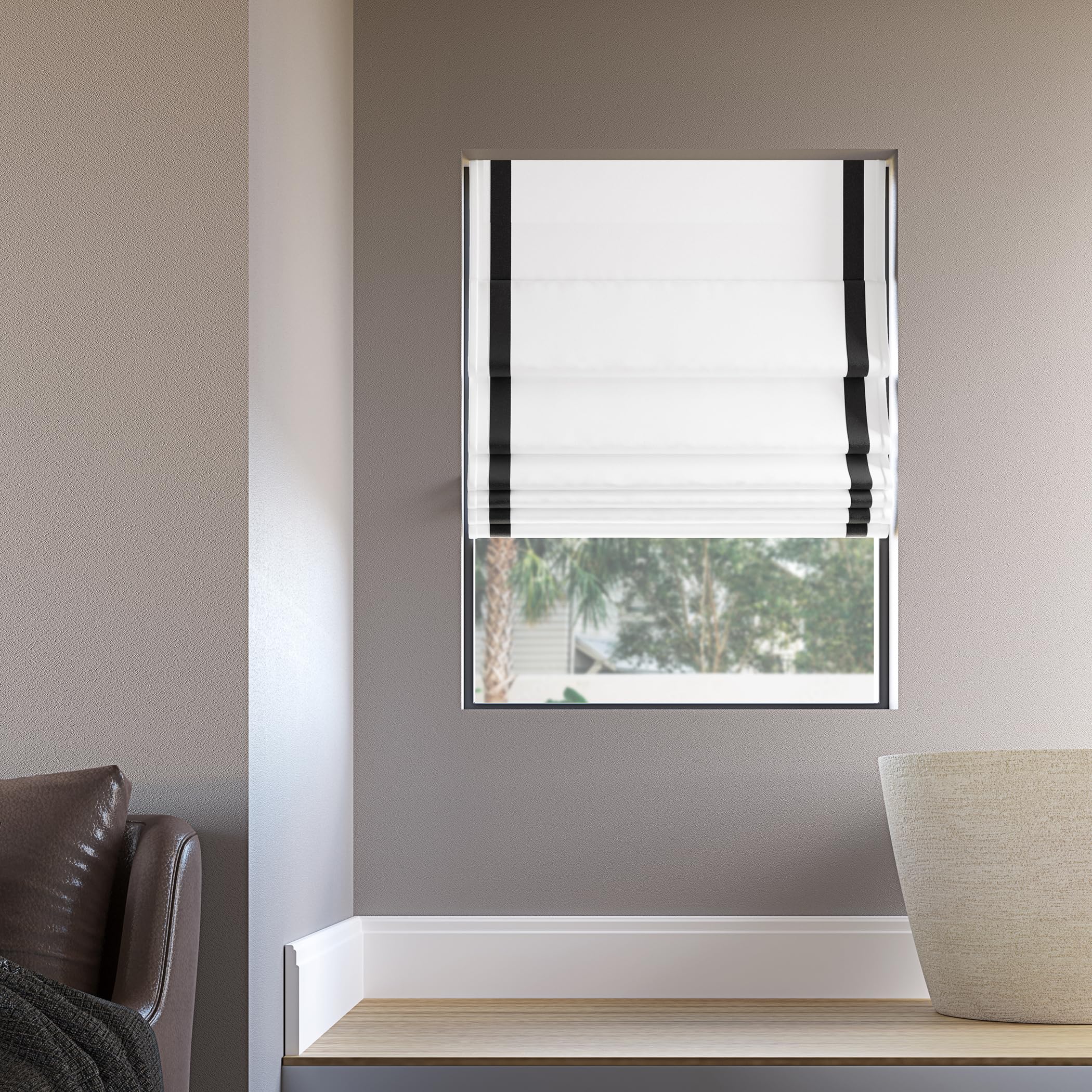 Sun Zero Denna Black Ribbon Border Stripe 100% Blackout Cordless Roman Shade - 27