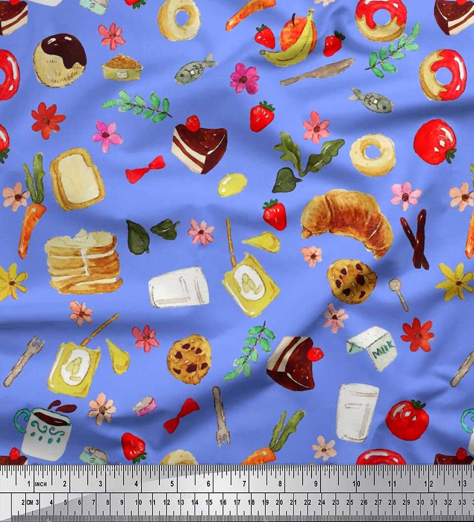 Soimoi 42 Inch Wide Satin Silk Fabric with Fruits, Bread & Donut Food Print - Premium Sewing Material for DIY Crafts, Quilting, Apparel & Home Decor Projects