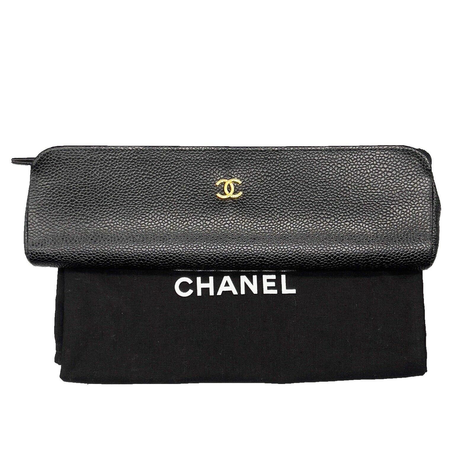 Vintage CHANEL 96 Small Black Caviar Leather CC Logo Makeup Pouch & Clutch Bag - Perfect for Cosmetics, Jewelry & Travel Essentials