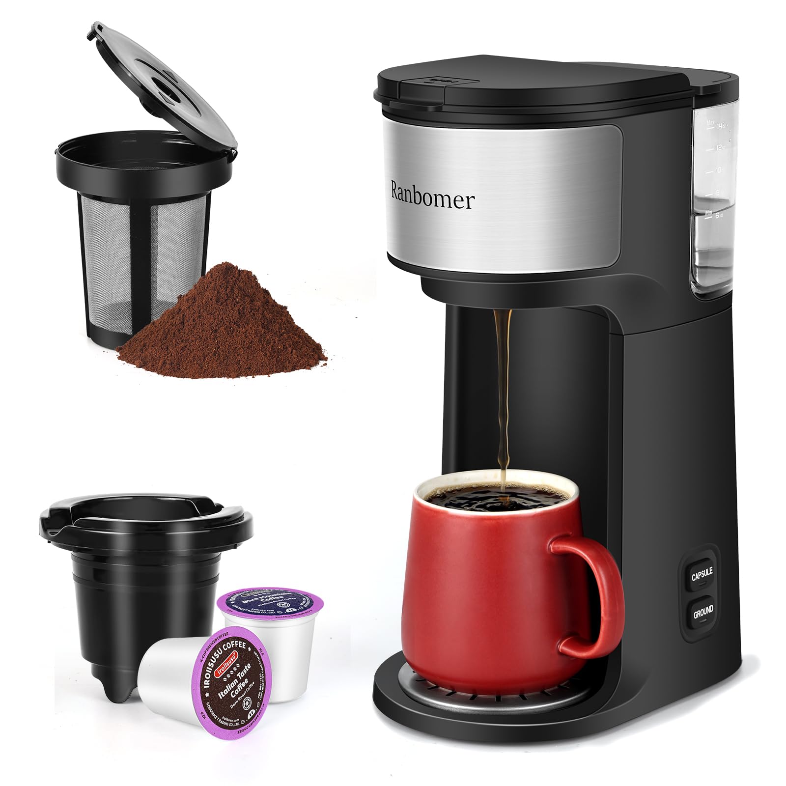 2-in-1 Single Serve Coffee Maker - Compatible with K-Cups & Ground Coffee | 6-14oz Adjustable Brew Size | Compact One Cup Coffee Machine with Self-Cleaning Function | Fits Travel Mugs (Black) | Perfect for Home, Office & Travel Use