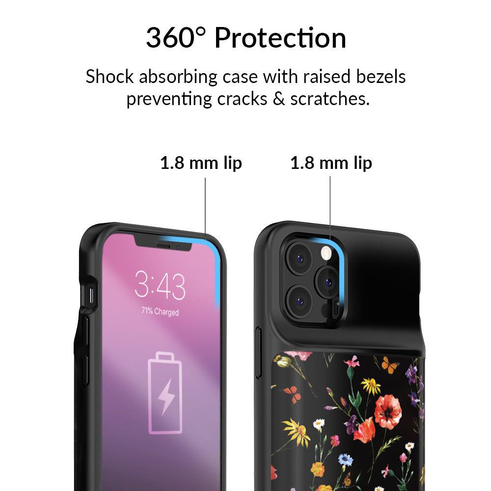 Black Wildflower iPhone Charging Case - Portable Battery Charger for iPhone 11/12/13/14/15 - Perfect for Travel, Work & Outdoor Adventures