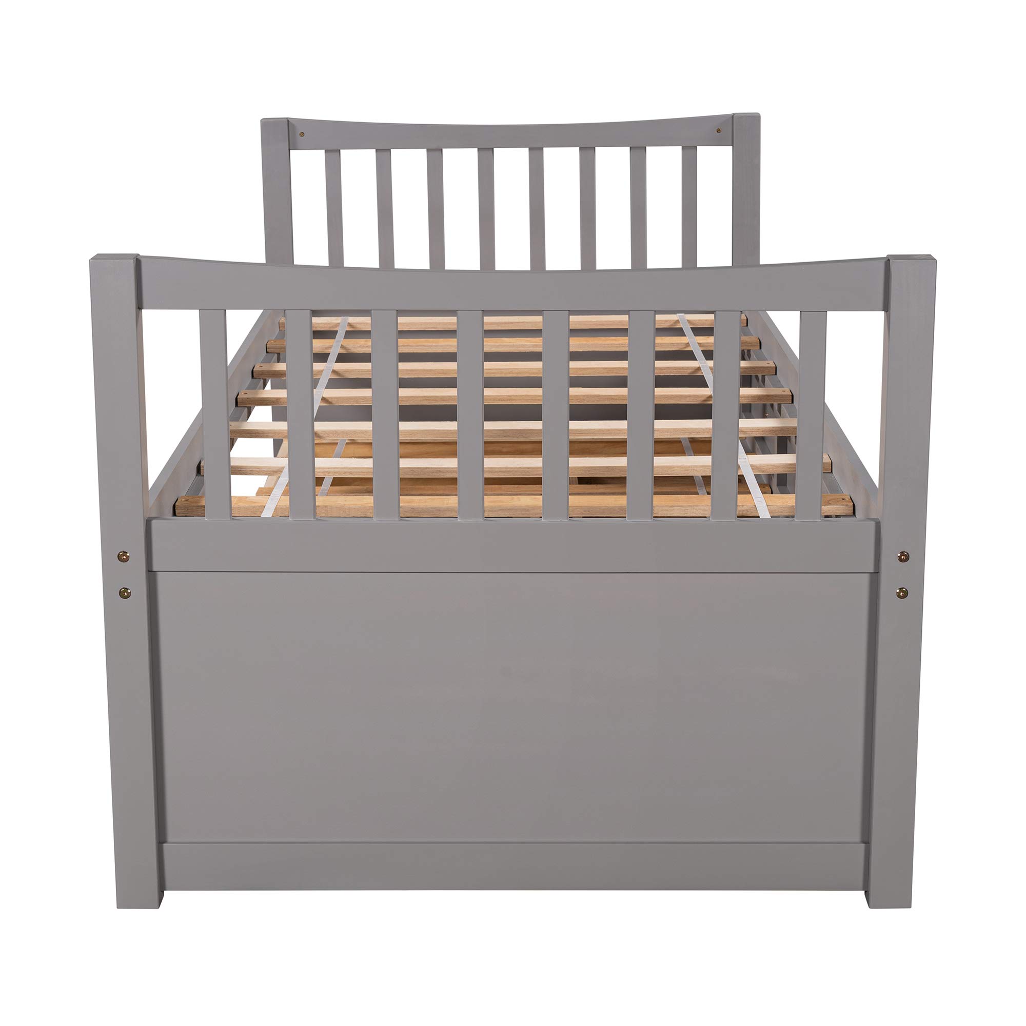 Rhomtree Twin Captains Bed with Trundle and Storage Drawers - Wooden Daybed Sofa Bed Frame for Bedroom, Guest Room, Living Room (Grey) | Space-Saving Multi-Functional Furniture for Small Apartments & Dorm Rooms