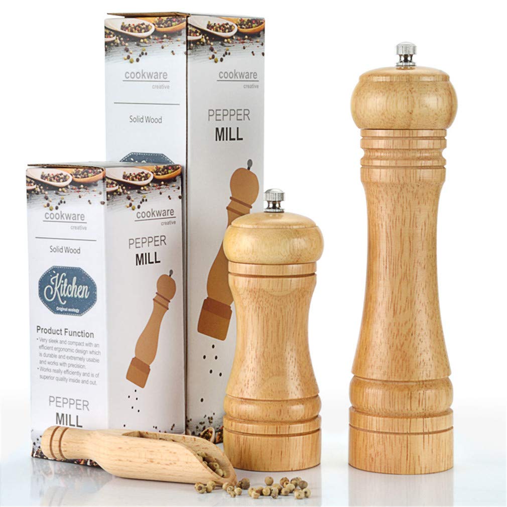 Premium Wooden Salt and Pepper Grinder Set - 5 Inch (14cm) Tall with Ceramic Rotor & Adjustable Coarseness - Perfect for Kitchen, Dining Table, and Gourmet Cooking
