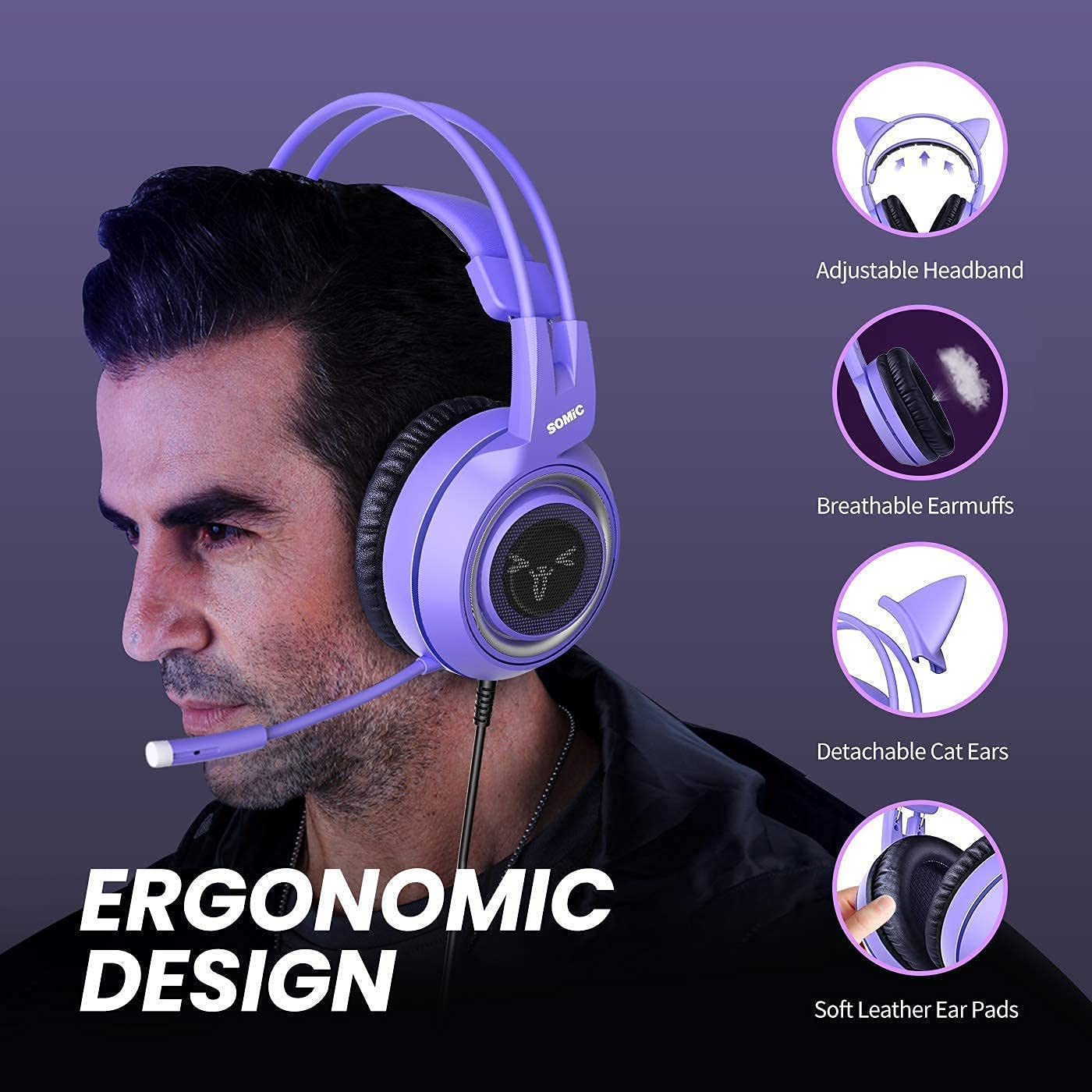 SOMIC G951S Purple Cat Ear Gaming Headset with Detachable 3.5mm Mic - Pink Headphone Stand for PS5, PS4, Xbox One, PC & Mobile - Perfect for Live Streaming, Esports & Late-Night Gaming Sessions