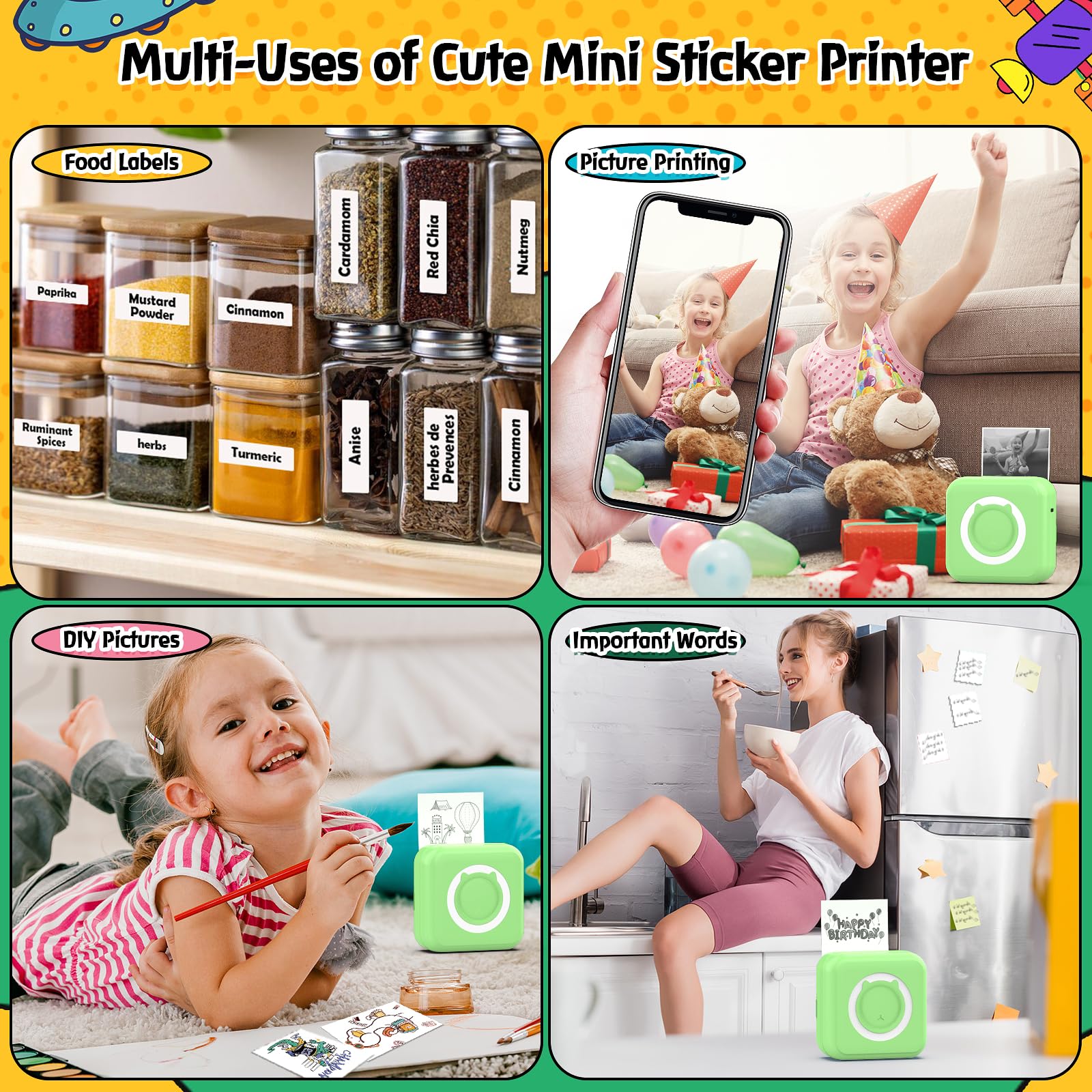 QYCHHJ Bluetooth Mini Thermal Printer for iPhone Android Tablet - Portable Inkless Sticker Printer with 8 Rolls Thermal Paper - Perfect for Study Notes, Journal Memos, Photos & Pictures (Green) | Great for Students, Office Work, Travel & Home Organization