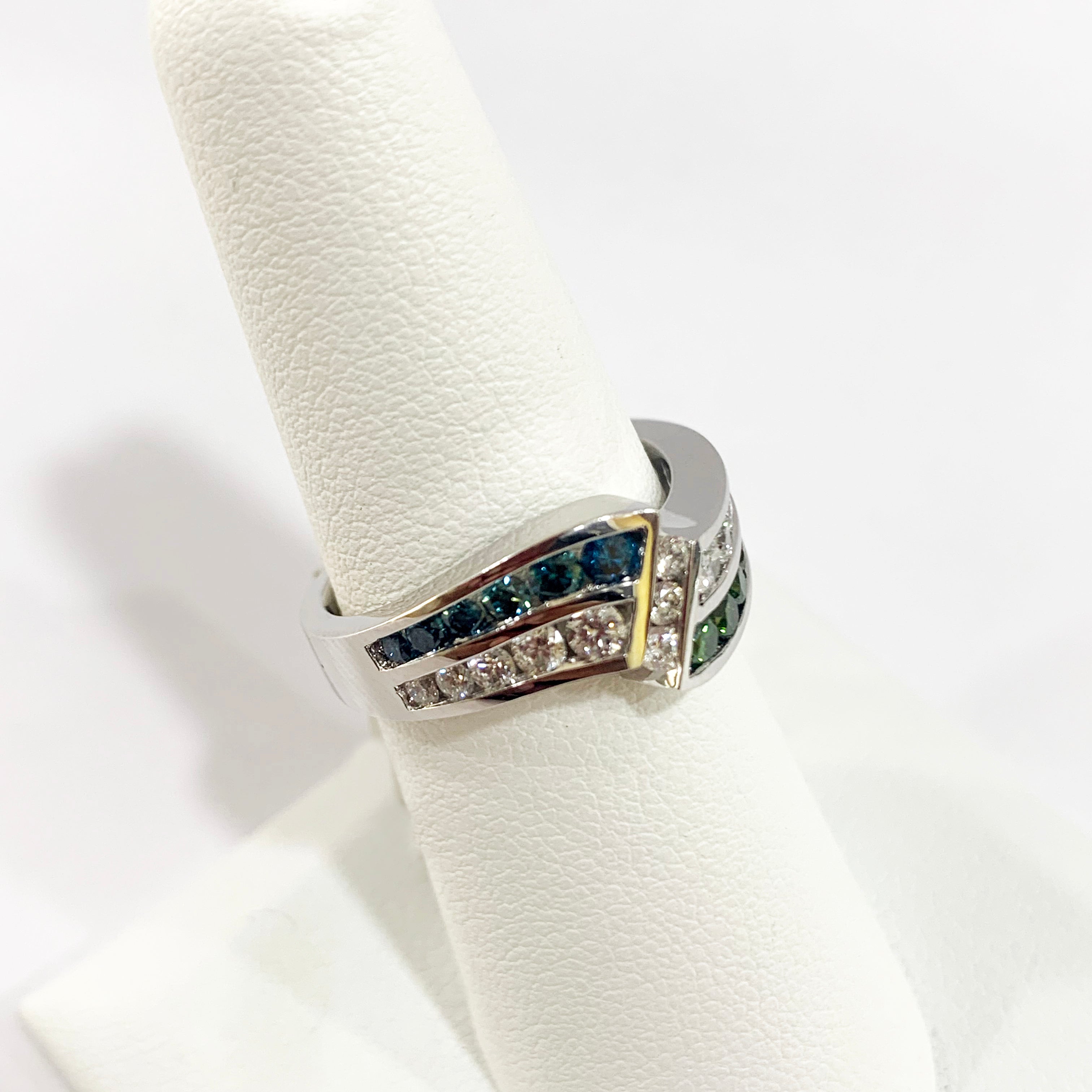 14K White Gold Diamond Ring with Green, White & Blue Diamonds - Elegant Wedding, Engagement & Anniversary Jewelry Gift