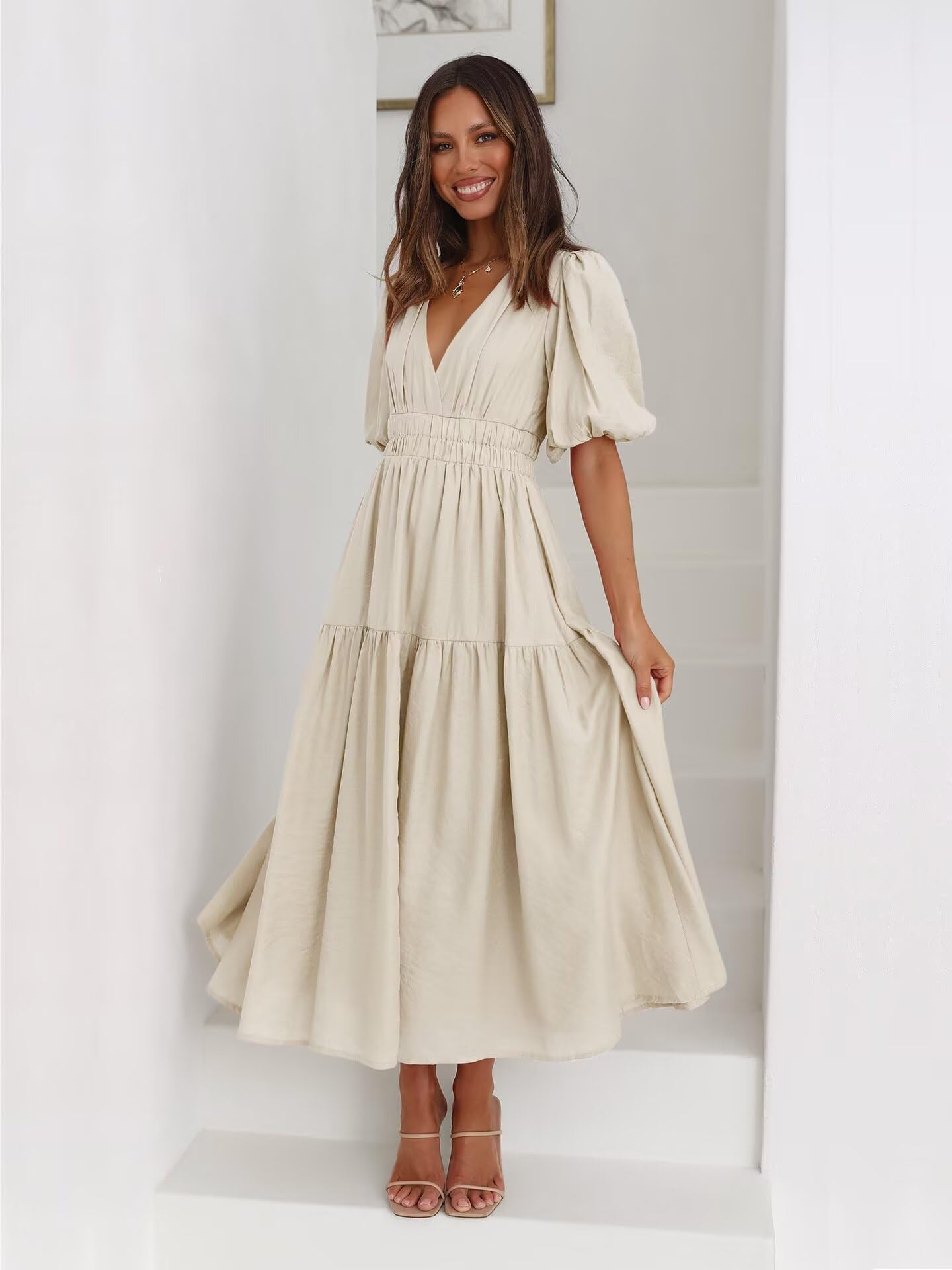Women's Summer Swing Dress - Short Sleeve V-Neck Flowy Tiered Maxi Dress for Beach, Vacation & Casual Wear | Lightweight Comfortable Sundress for Outdoor Activities