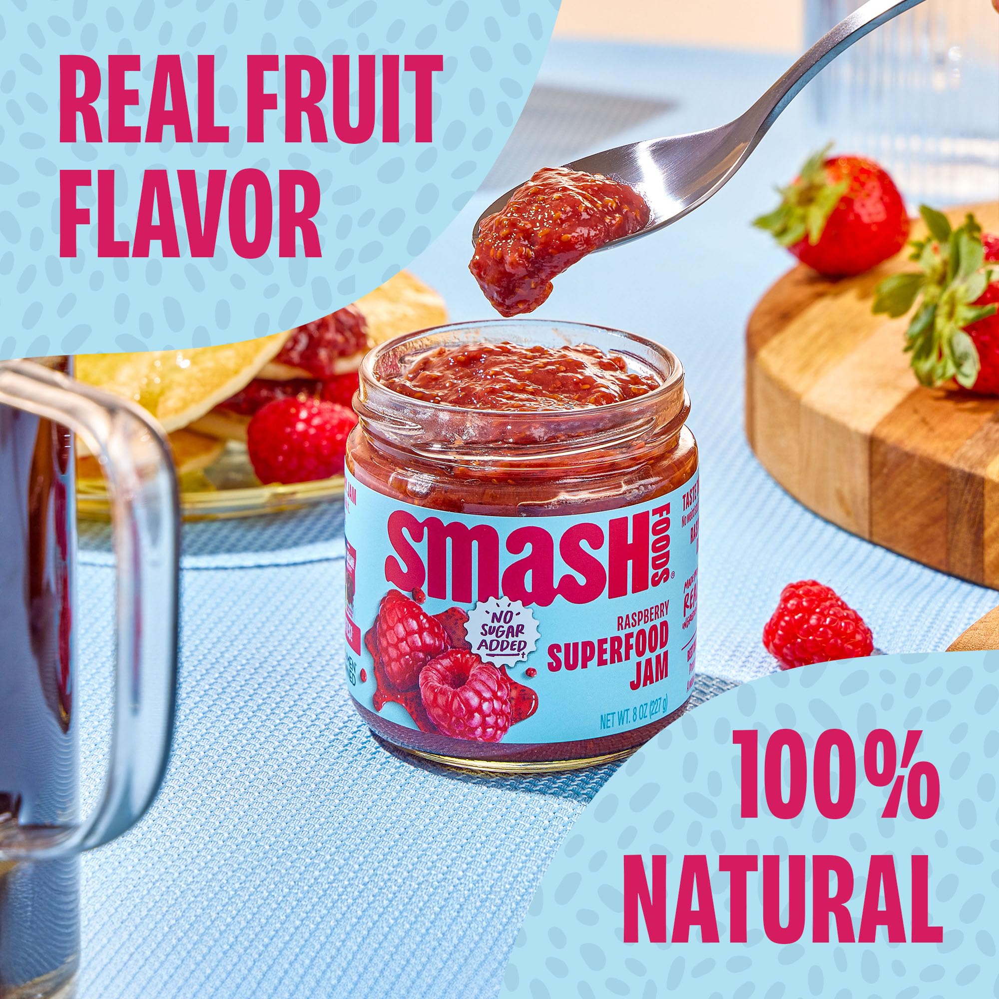 Smash Foods Raspberry Jam - Low-Calorie, No Sugar Added Keto Jam with Upcycled Fruit & Chia Seeds | Vegan, Paleo Superfood Fruit Spread (6 Jars) - Perfect for Breakfast Toast, Yogurt Topping & Healthy Snacking