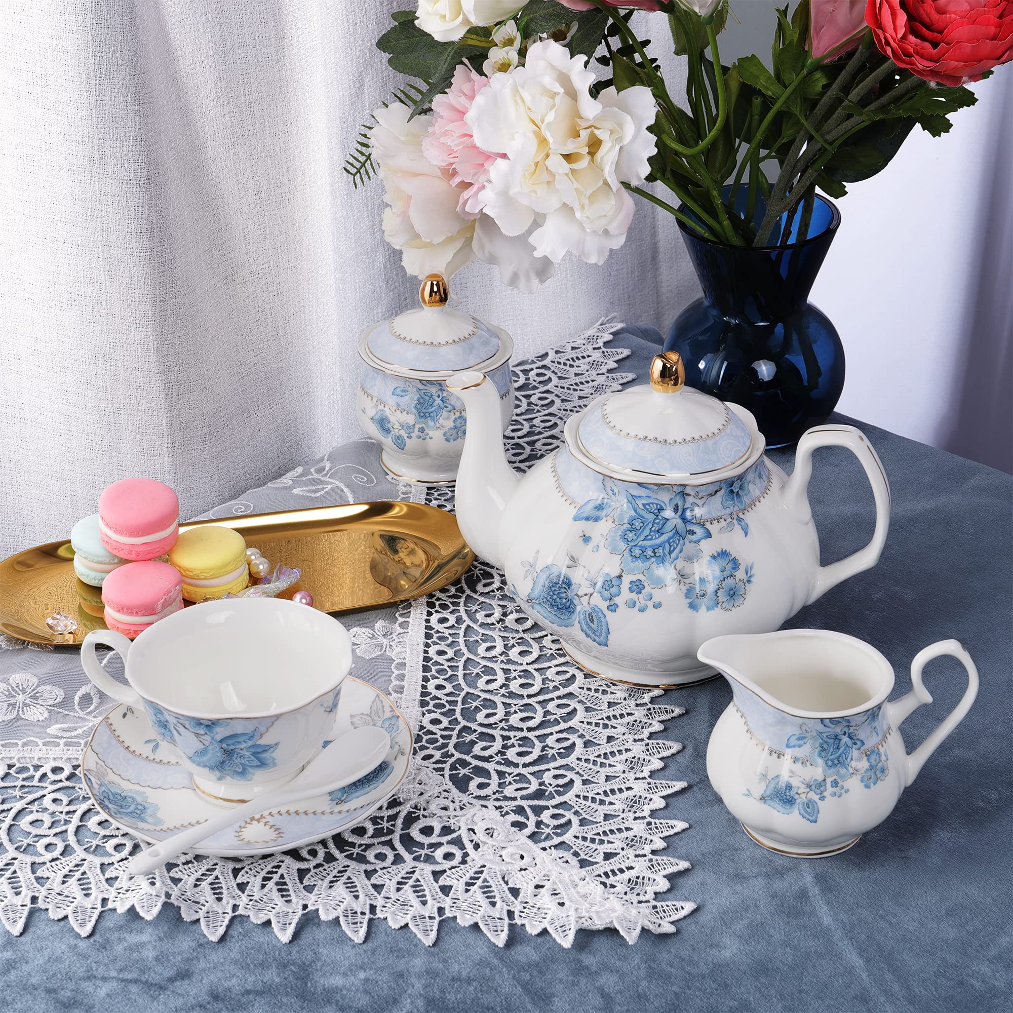 Fanquare Blue Floral Porcelain Tea Set for 6 with Golden Metal Coffee Mug Holder - Elegant Afternoon Tea Party & Coffee Break Set for Home, Office or Gift
