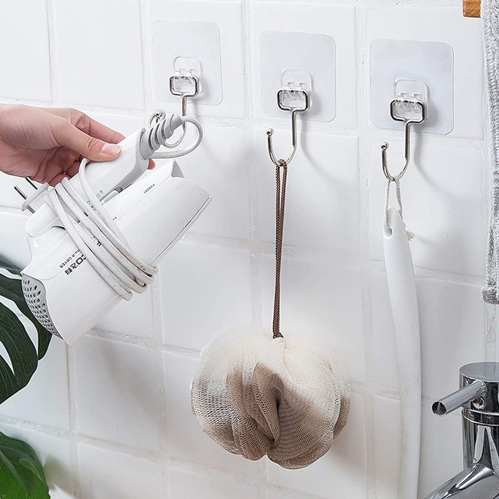 KEYIDO 10-Pack Heavy Duty Adhesive Hooks - 33 lb/15kg Max Weight, Clear Strong Stick-On Hooks for Wall, No Nails Needed - Perfect for Bathroom, Kitchen, Office & Home Organization