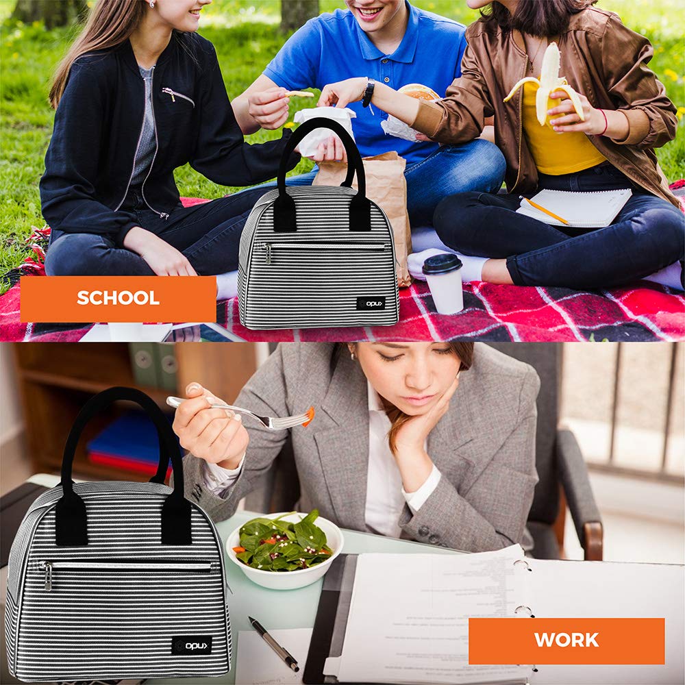 OPUX Insulated Lunch Box for Women, Girls, Kids & Teens - Soft Thermal Lunch Bag Tote for Work, School & Travel - Reusable Food Cooler Container for Meal Prep, Beach & Outdoor Activities - Black & White Stripes