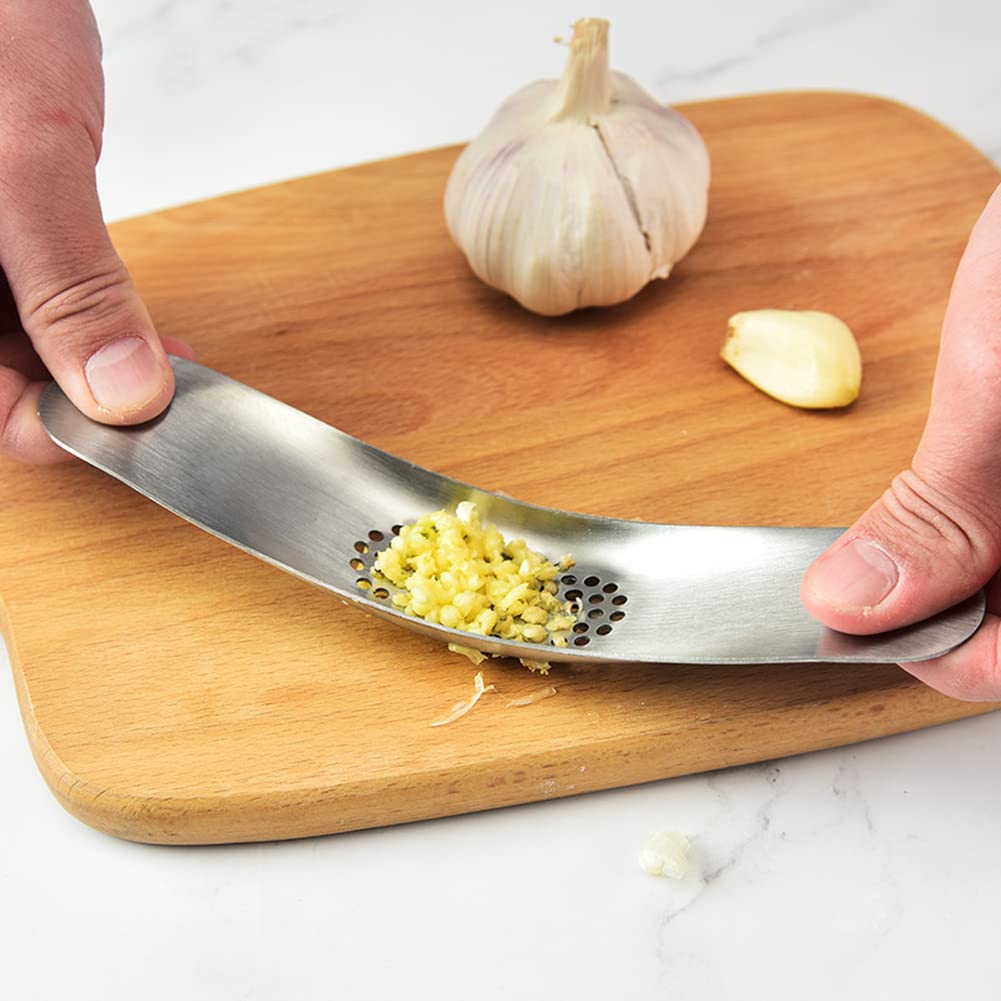 Premium Stainless Steel Garlic Press Rocker Set - Heavy Duty Handheld Garlic Mincer with Silicone Peeler & Cleaning Brush - Multi-Functional Kitchen Tool for Cooking, Baking & Meal Prep
