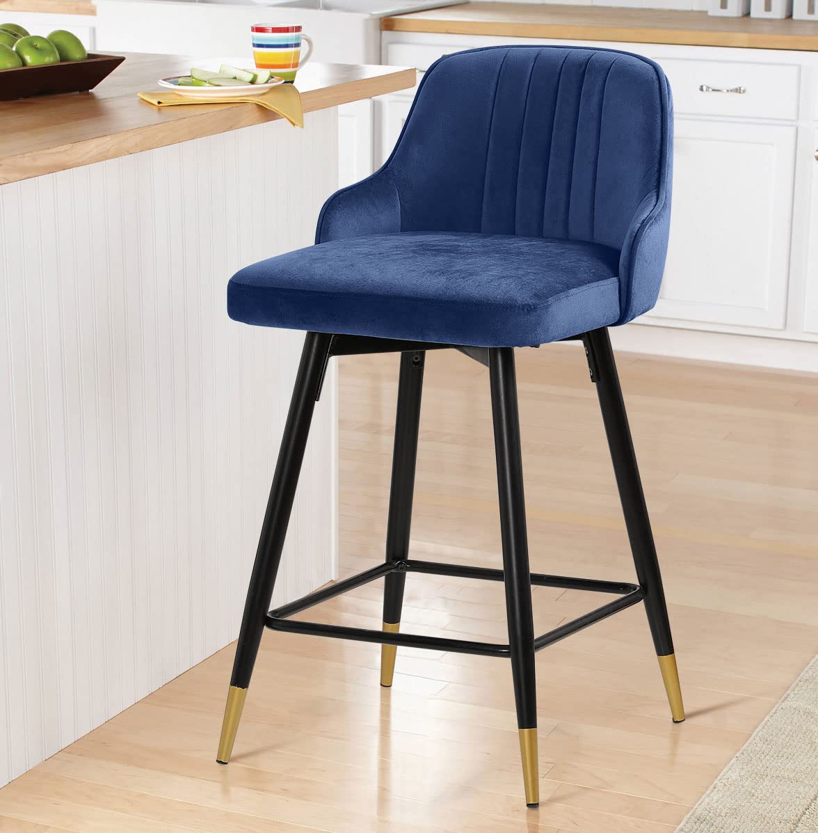 Swivel Bar Stool Set of 2 - 25.6 Inch Counter Height Stools with Low Back & Velvet Upholstery - Heavy Duty Metal Frame Bar Chairs for Kitchen Island, Dining Room, Patio - Royal Blue - Perfect for Entertaining & Casual Dining