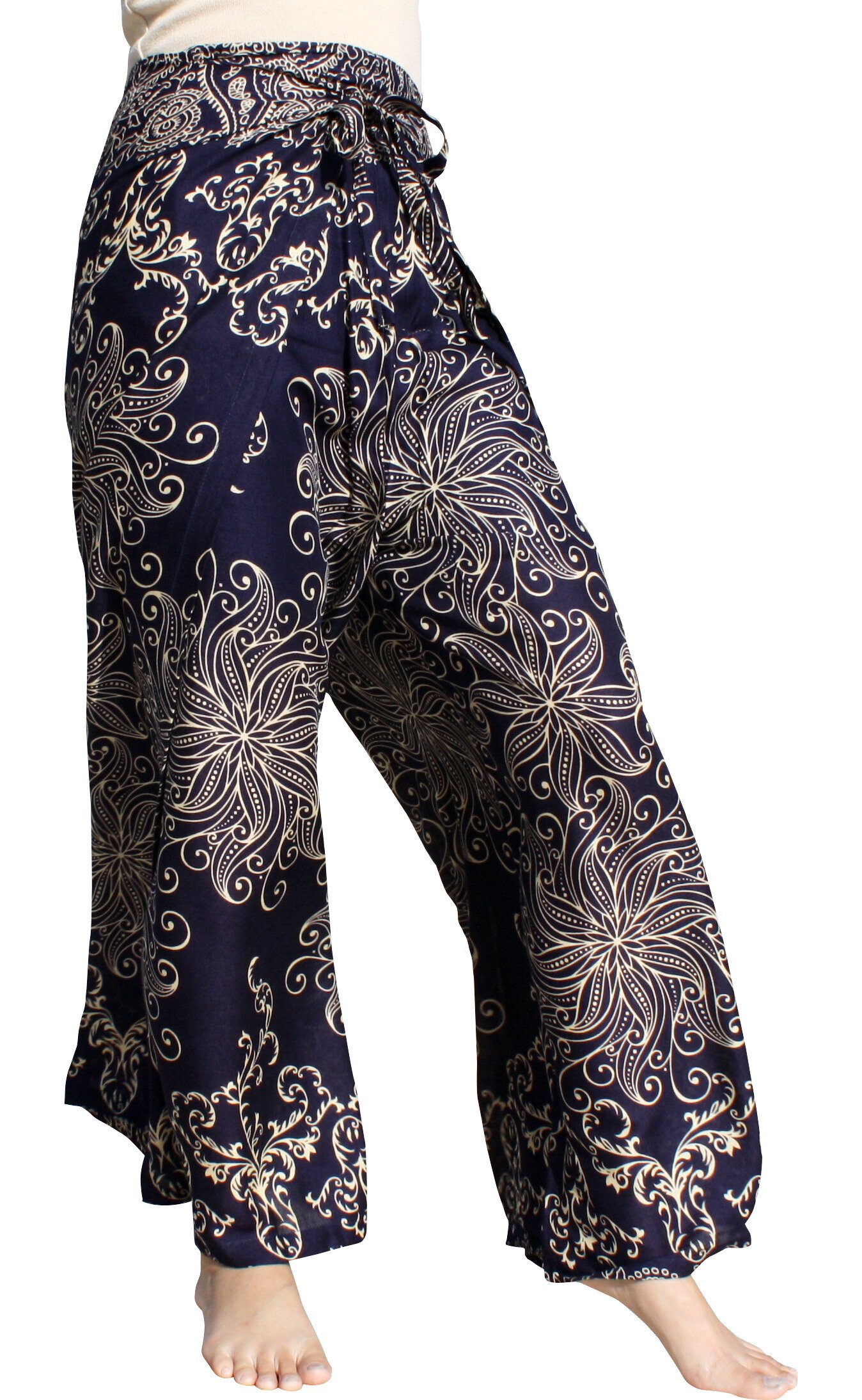 Stylish Rayon Wrap Pants with Open or Tied Legs - Loose Fit Boho Mixed Art Print | Perfect for Yoga, Beach Vacations & Summer Fashion