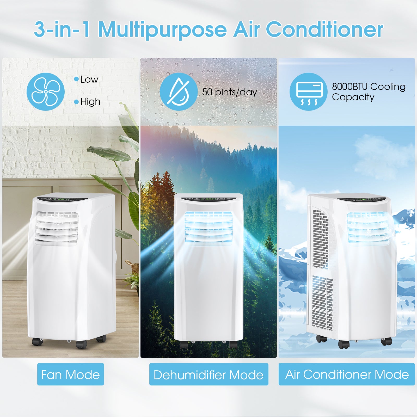 Costway 8000 BTU Portable Air Conditioner with Dehumidifier & Fan - Cools Up to 230 sq. ft, LED Display & Remote Control - Perfect for Bedrooms, Home Offices & Small Apartments