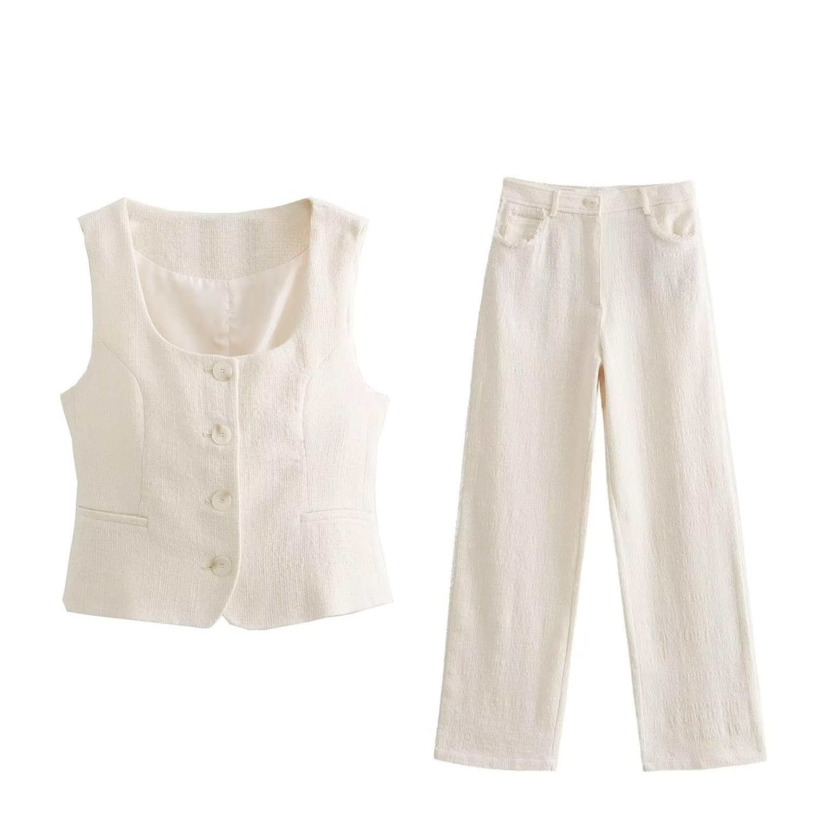Pokn Women's Linen Vest & Pants Set - 2 Piece Sleeveless Button Down Top with Round Neck - Casual Summer Outfit for Beach, Travel & Everyday Wear