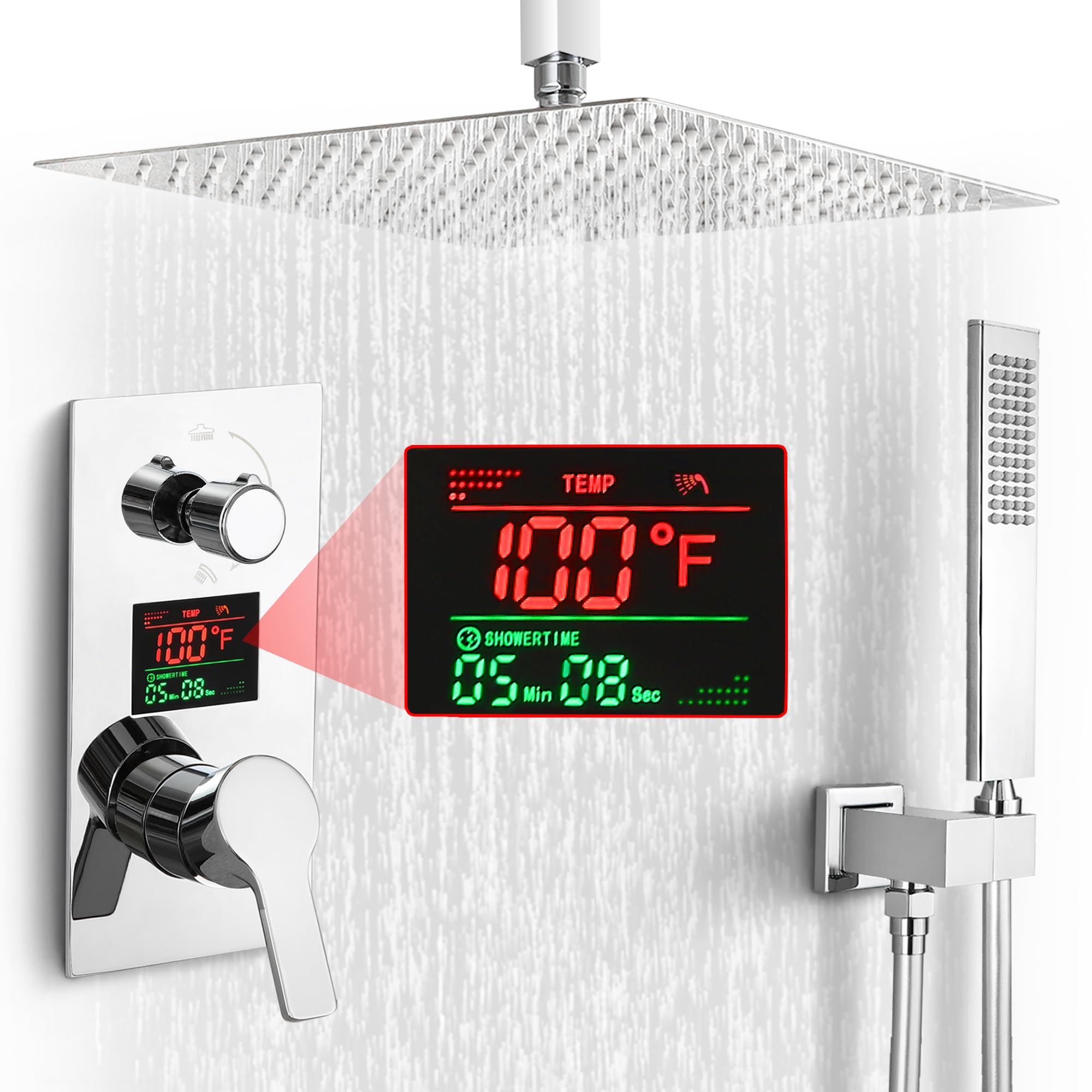 SKWOLL Polished Chrome Shower Faucet Set - 12 Inch Ceiling Mount Rain Shower Head with Digital LCD Display & 2-Function Valve Kit | Modern Bathroom Upgrade for Spa-Like Experience