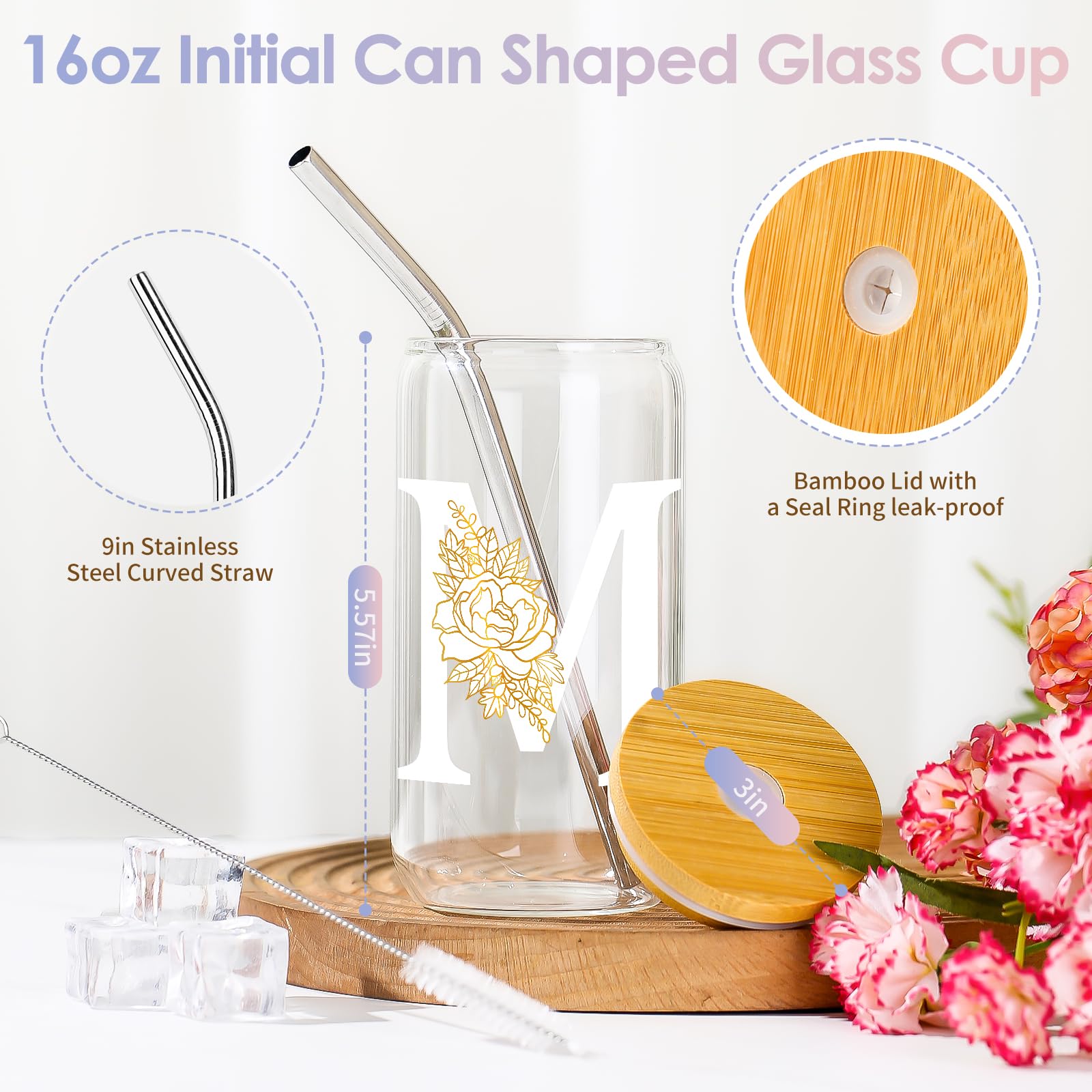 Personalized 16oz Color-Changing Glass Tumbler with Lid & Straw - Monogrammed Iced Coffee Cup for Women, Mom - Perfect Christmas, Thanksgiving & Birthday Gifts - Great for Office, Home & Travel Use