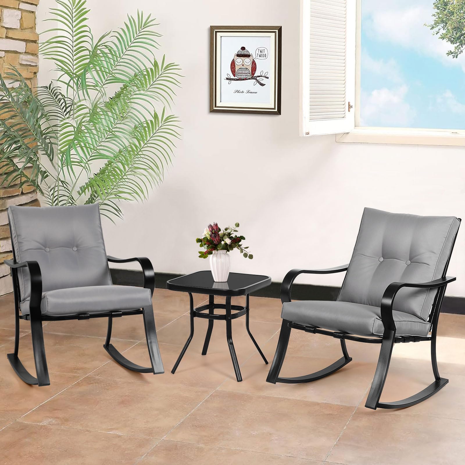 Crownland 3-Piece Outdoor Patio Set - Black Iron Rocking Chairs with Thickened Grey Cushions & Glass Coffee Table - Perfect for Garden, Porch, and Backyard Relaxation