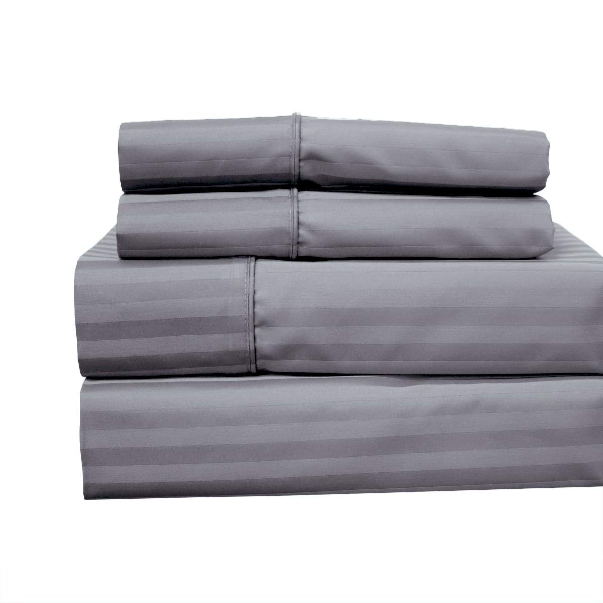Royal Hotel 650-Thread-Count Luxury Bed Sheets Set - Wrinkle Free, Hypoallergenic, Deep Pocket Cotton Blend Sateen Sheets - 5 Piece Adjustable California King Size - Gray Striped - Perfect for Master Bedroom, Guest Room & Vacation Homes