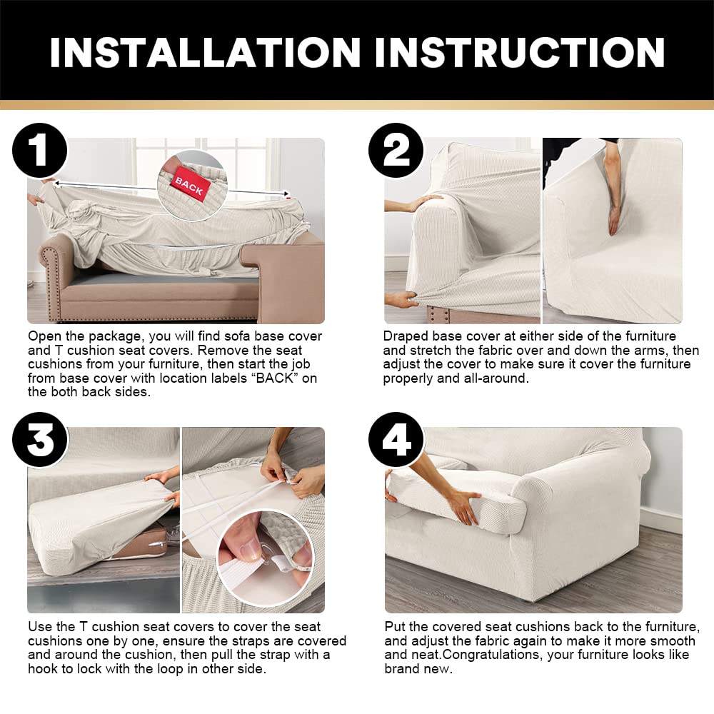 PrinceDeco 2-Pack Stretch Armchair Slipcovers with T-Cushion Cover - Soft Machine Washable Furniture Protectors for Living Room, Office & Dining Chairs - Ivory