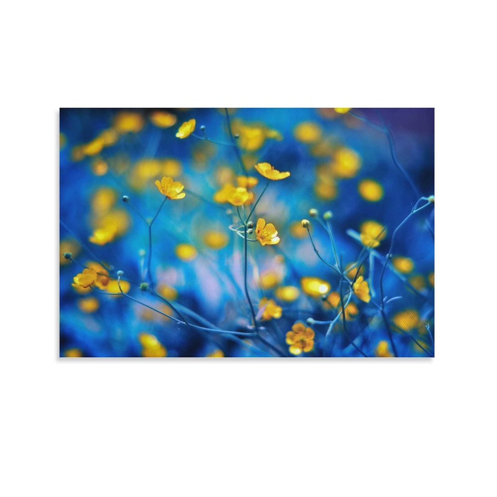Ruowang Spring Breath Small Yellow Flowers Blue Background Natural Scenery Canvas Wall Art - 08x12inch (20x30cm) - Perfect for Bedroom, Living Room & Office Decor