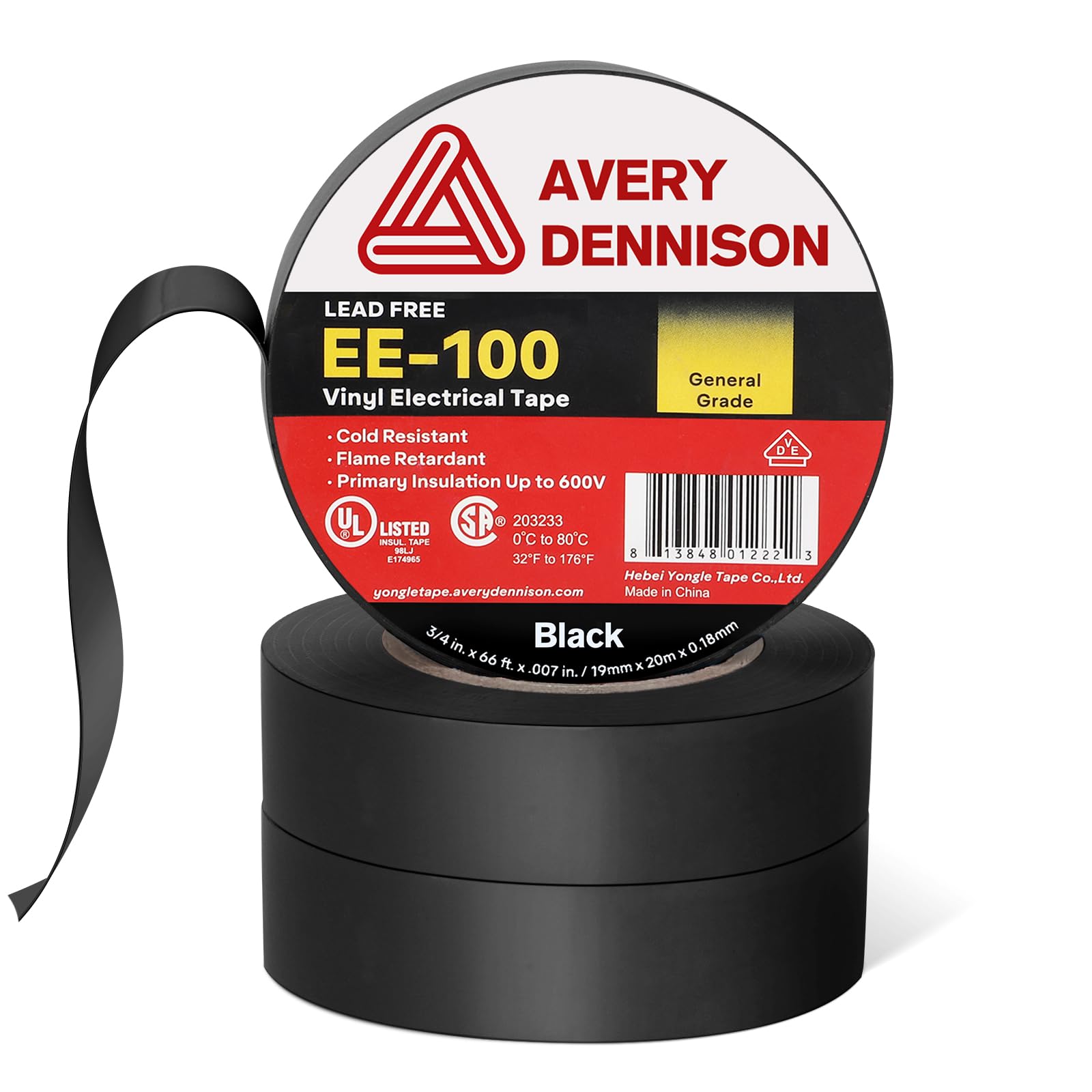 Premium UL/CSA Listed PVC Electrical Insulation Tape - ¾ in x 66 ft Black Vinyl Tape for Wiring, Repairs & Automotive Use (100 Rolls) - Ideal for Home DIY, Electricians & Industrial Equipment Maintenance