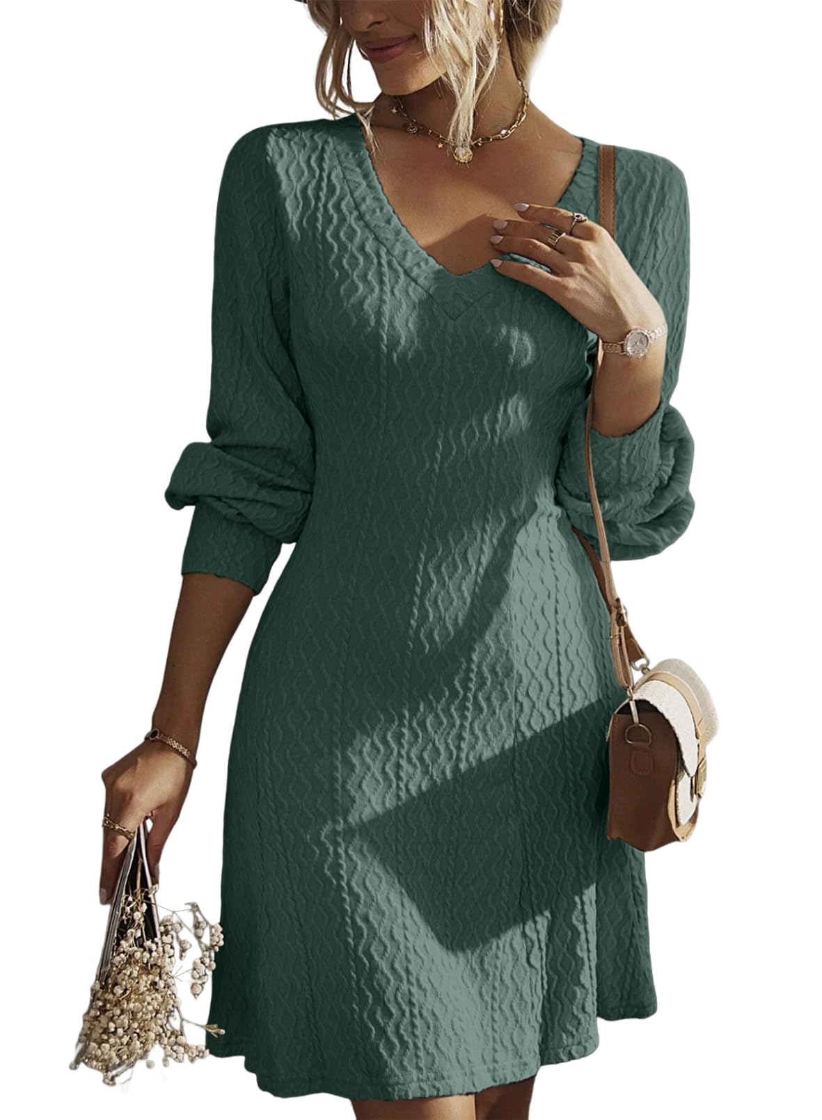 Trendy 2025 Spring V-Neck Knit A-Line Long Sleeve Sweater Dress for Women | Dokotoo Work Dresses | Perfect for Office, Business Casual & Spring Outfits