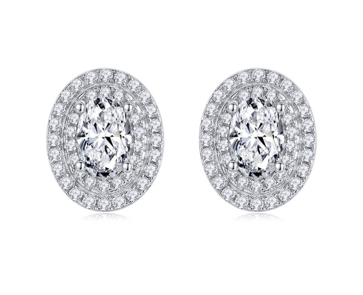 Halo Oval Stud Earrings for Women - 14K Gold Plated Cubic Zirconia Dangle Earrings - Elegant Bridal Wedding Jewelry Gift for Her - Perfect for Parties, Date Nights & Special Occasions
