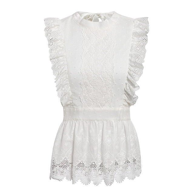 Elegant Backless Lace Embroidered Ruffled Hollow Out White Summer Top for Women - Perfect for Beach Vacations, Date Nights & Summer Parties