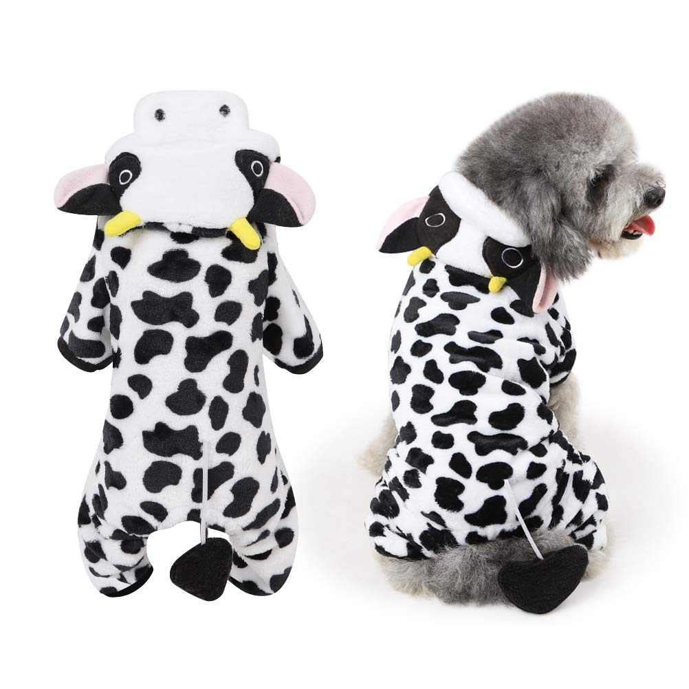 Cute Dog Cow Costume for Halloween - Soft & Comfortable Pet Jumpsuit, Puppy Halloween Outfit - Size XS - Perfect for Halloween Parties & Pet Photo Shoots