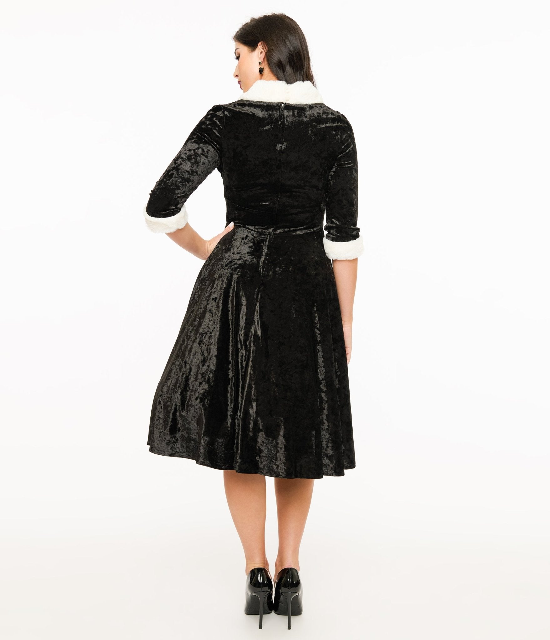 Vintage 1950s Black Crushed Velvet Swing Dress with White Fur Trim - Retro Pinup Style for Parties, Weddings & Special Occasions