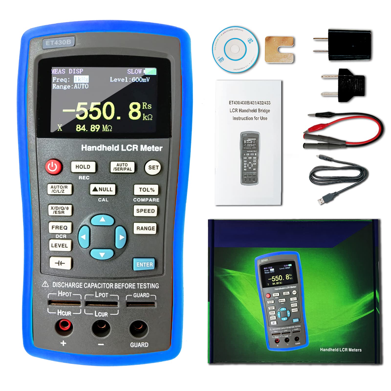 High Accuracy 0.3% LCR Meter - Handheld Digital Bridge with TFT Display, Capacitance & Inductance Tester, Portable Multifunction Multimeter with Rechargeable Battery for Resistance & Transistor Testing (ET430) - Perfect for Electronics Repair, Lab Testing & Component Analysis