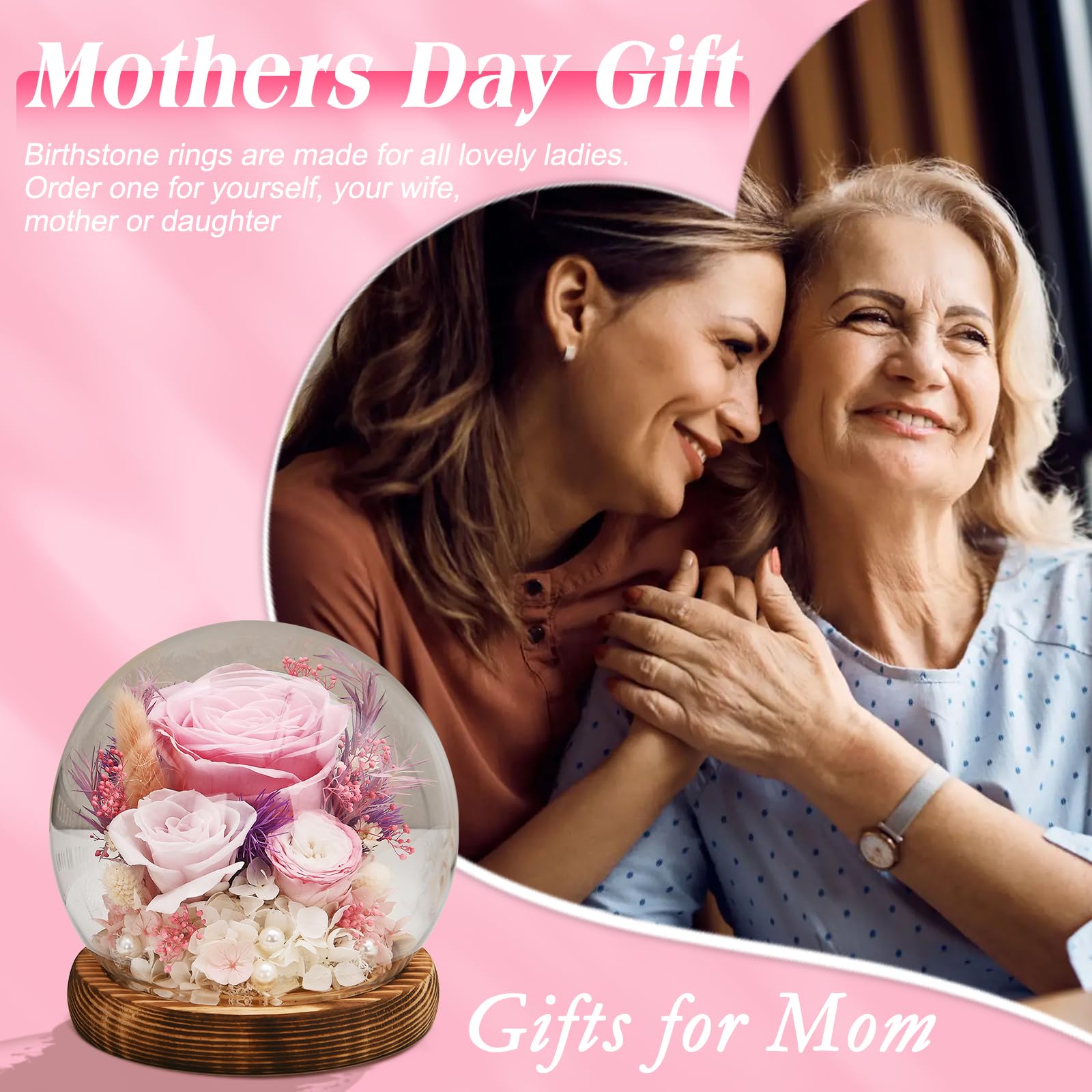 Preserved Roses in Glass Dome with LED Light - Perfect Gift for Women, Mom, Grandma - Mother's Day, Birthday, Valentine's Day Present (Pink) | Home Decor, Wedding Centerpiece, Romantic Keepsake