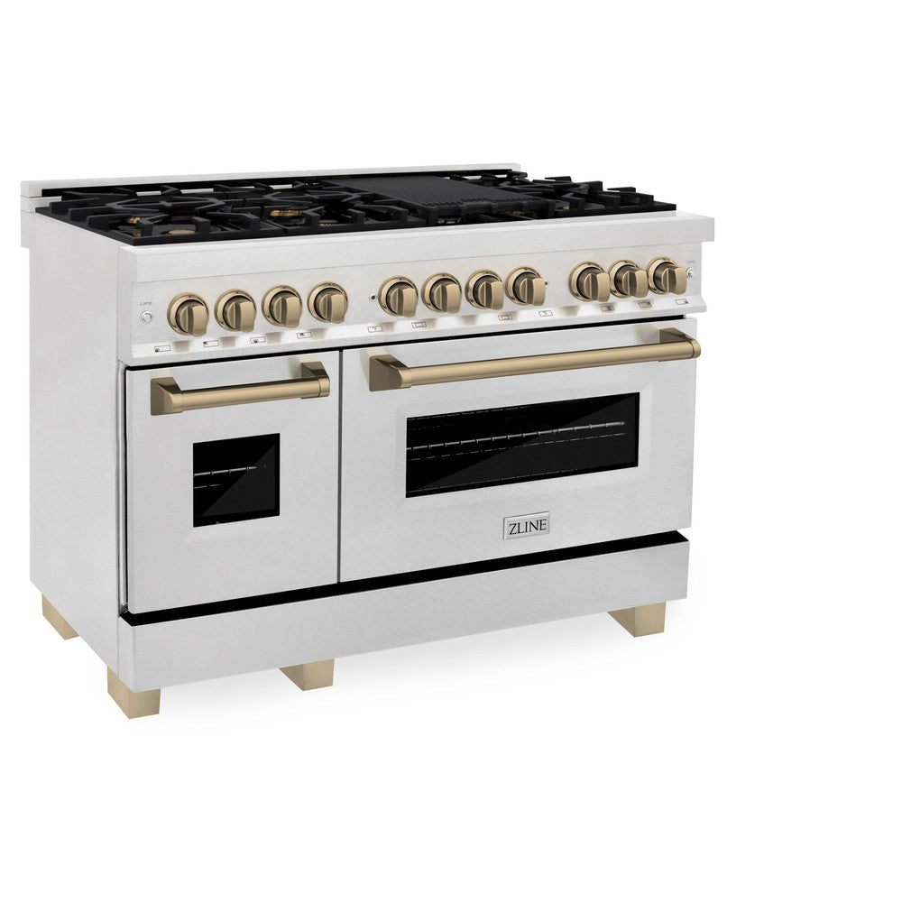 ZLINE 48-Inch Autograph Edition Dual Fuel Range - 6.0 cu. ft. Capacity, 7-Burner Gas Cooktop & 2 Electric Ovens - Satin Stainless Steel with Champagne Bronze Accents (RASZ SN 48 CB) - Perfect for Professional Home Kitchens & Gourmet Cooking