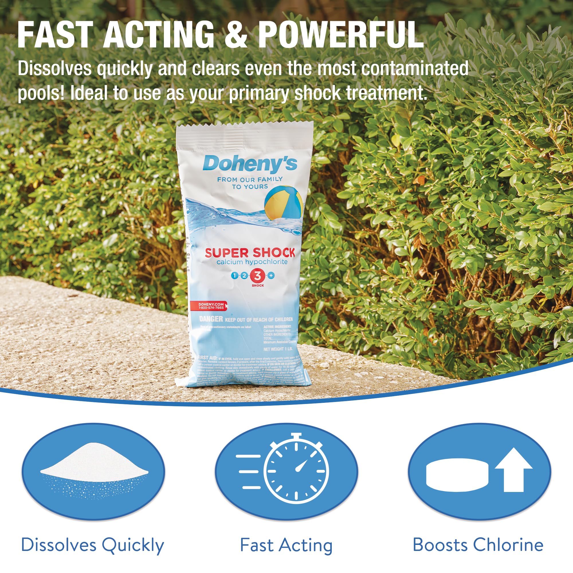 Doheny's Super Pool Shock | 68% Cal-Hypo Granular Chlorine Shock for Pools - Quick Dissolving, Fast Acting, Professional Grade | 24 x 1lb Bags | Made in USA | Perfect for Weekly Maintenance, Algae Treatment & Pool Opening/Closing