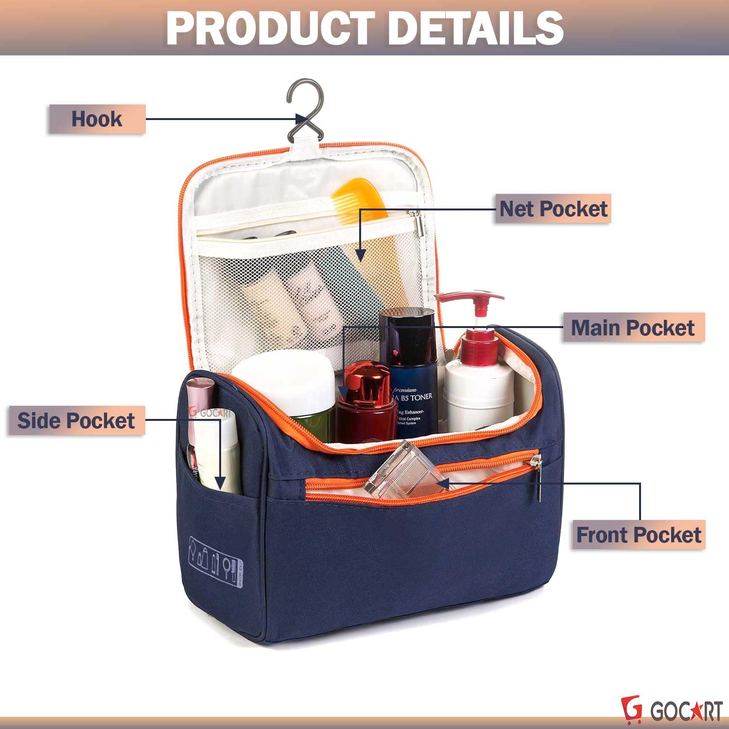 GOCART WITH G LOGO Portable Mini Hanging Travel Makeup Organizer - Waterproof Cosmetic Bag for Women, Blue & Orange - Perfect for Travel, Gym & Daily Use