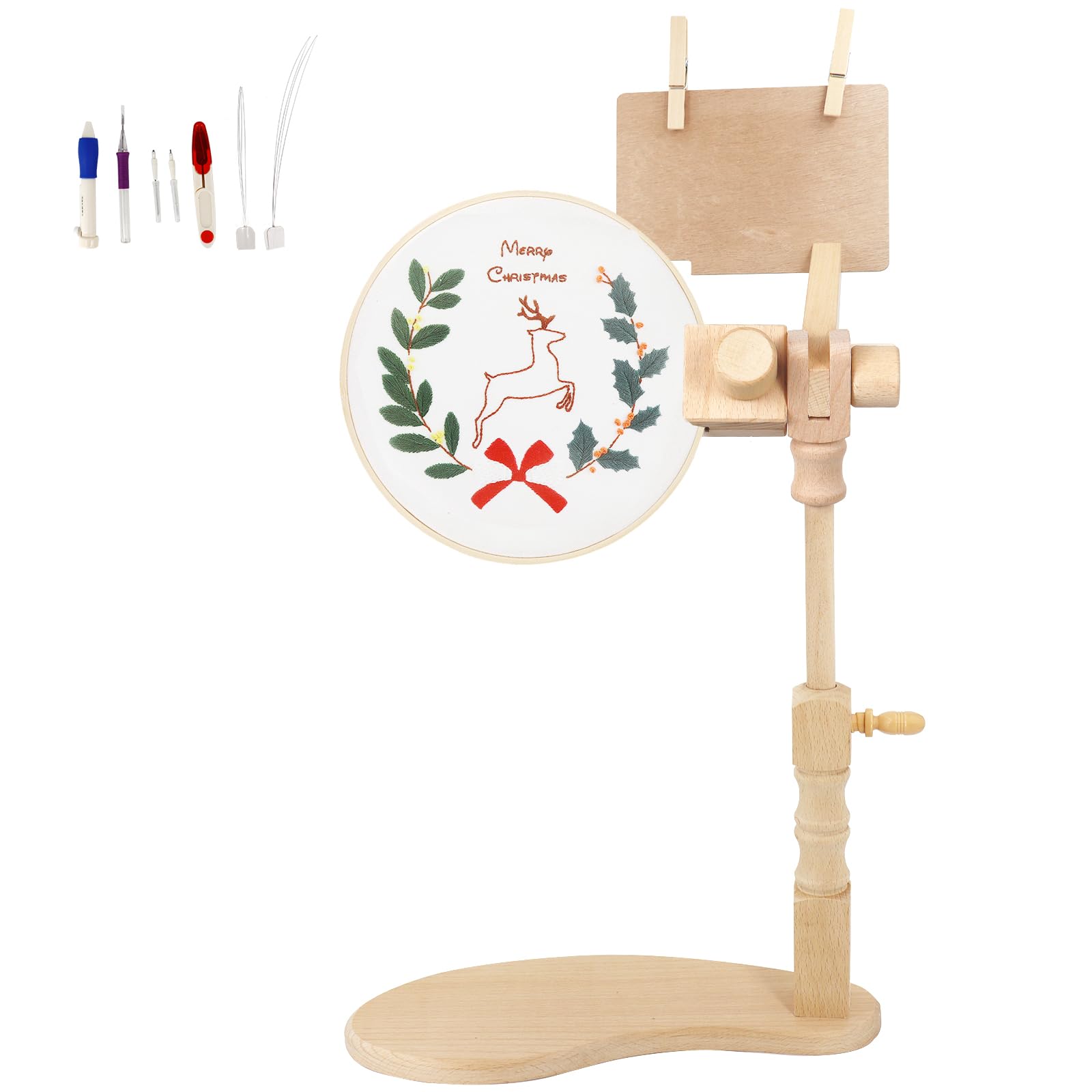 SolidGnik Small Wooden Embroidery Stand - Adjustable Rotating Cross Stitch Hoop Holder for Needlework - Perfect for Hand Embroidery, Cross Stitch Projects & Crafting at Home