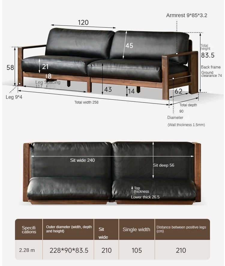 Black Walnut Solid Wood Modern Straight Sofa - Contemporary Fabric Upholstery for Living Room, Lounge & Office Spaces
