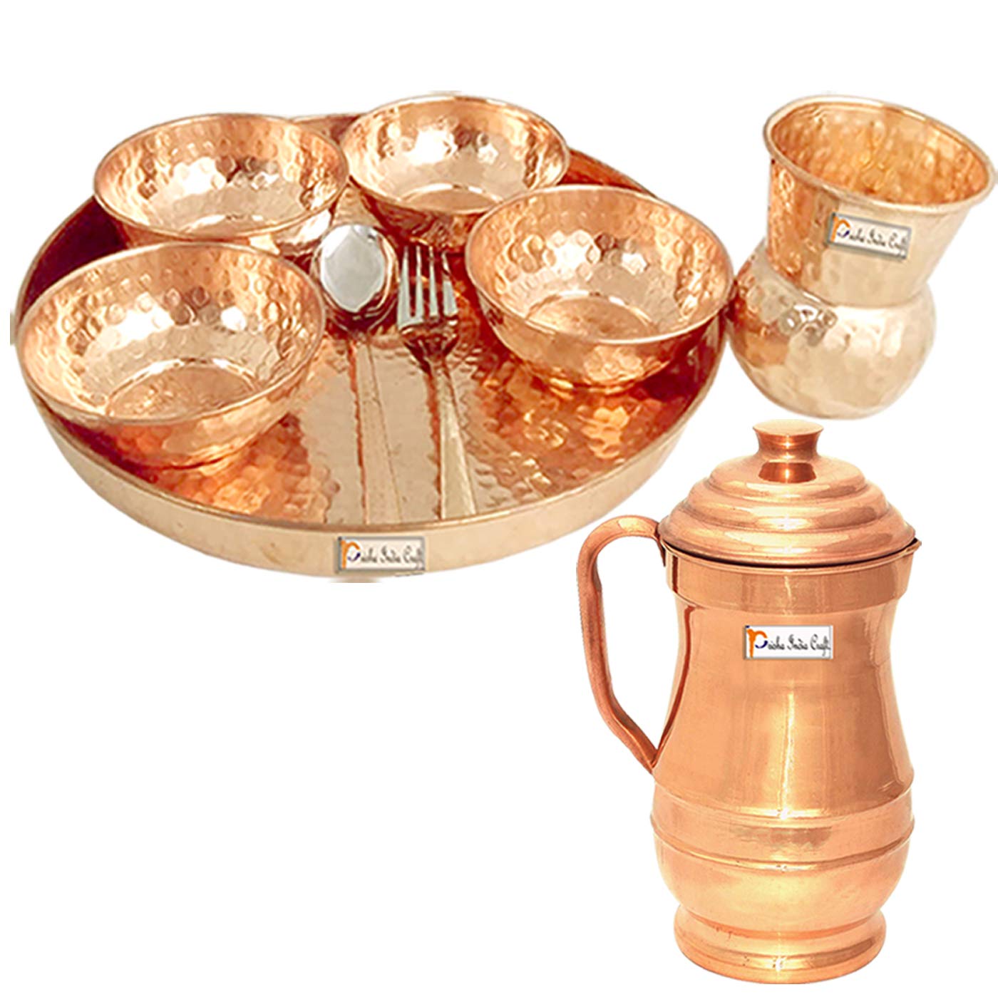 Prisha India Craft Pure Copper Thali Set - 12 Inch Dinner Plate with 1800ml Copper Jug Pitcher | Traditional Indian Dinnerware for Festivals, Weddings & Ayurvedic Meals