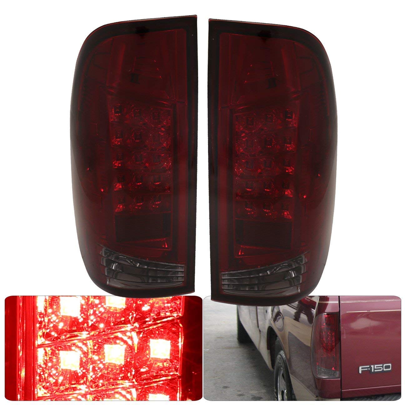 Ford F150 F250 F350 F450 LED Tail Lights (1997-2007) - Red Smoked Lens with Chrome Housing - Replacement & Compatible Parts for Pickup Trucks - Perfect for Night Driving & Enhanced Safety